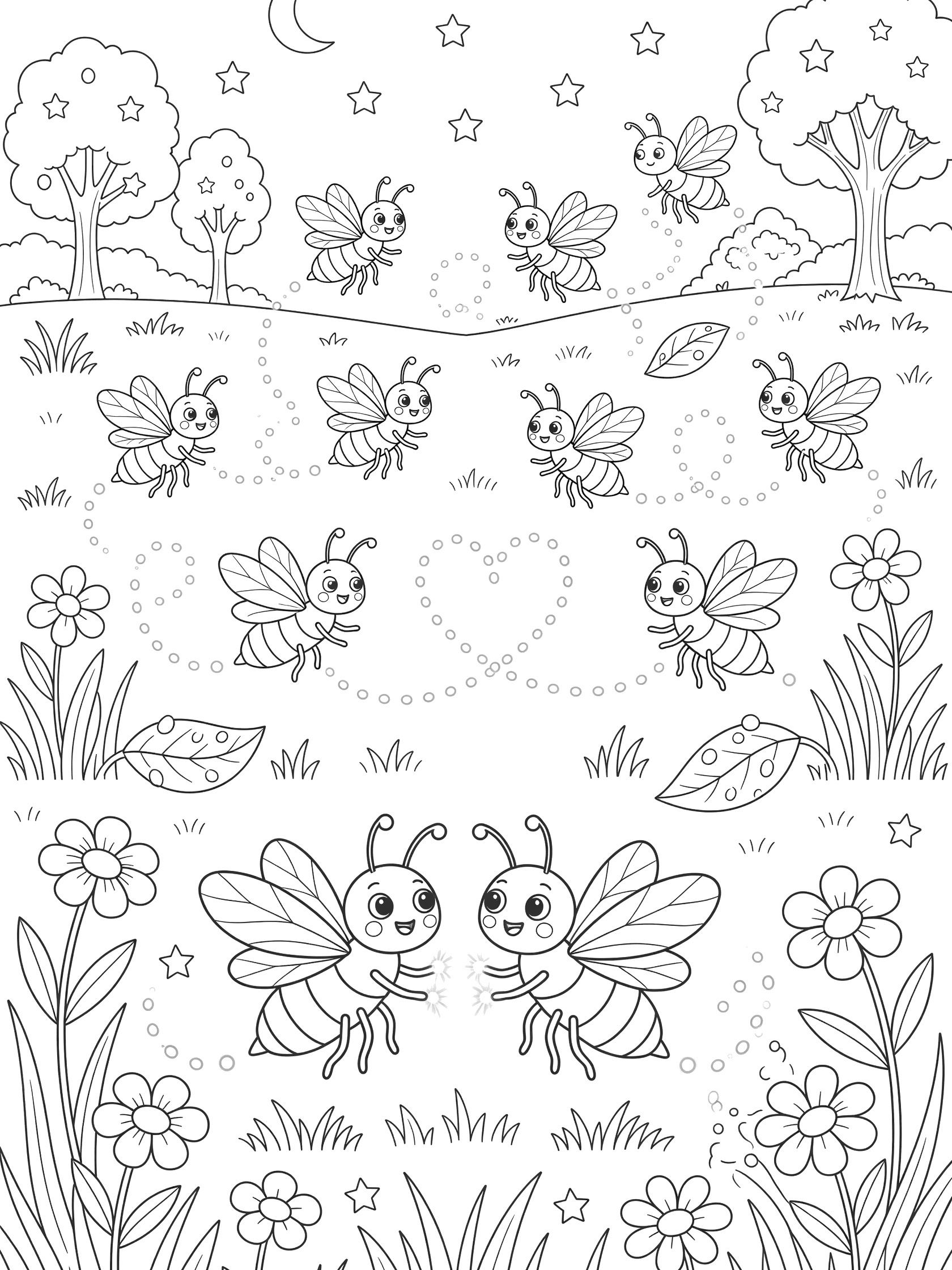 Printable coloring page showing cute fireflies with smiling faces hovering over grass and flowers, connected by dotted trails in a heart shape, under a moon and stars.