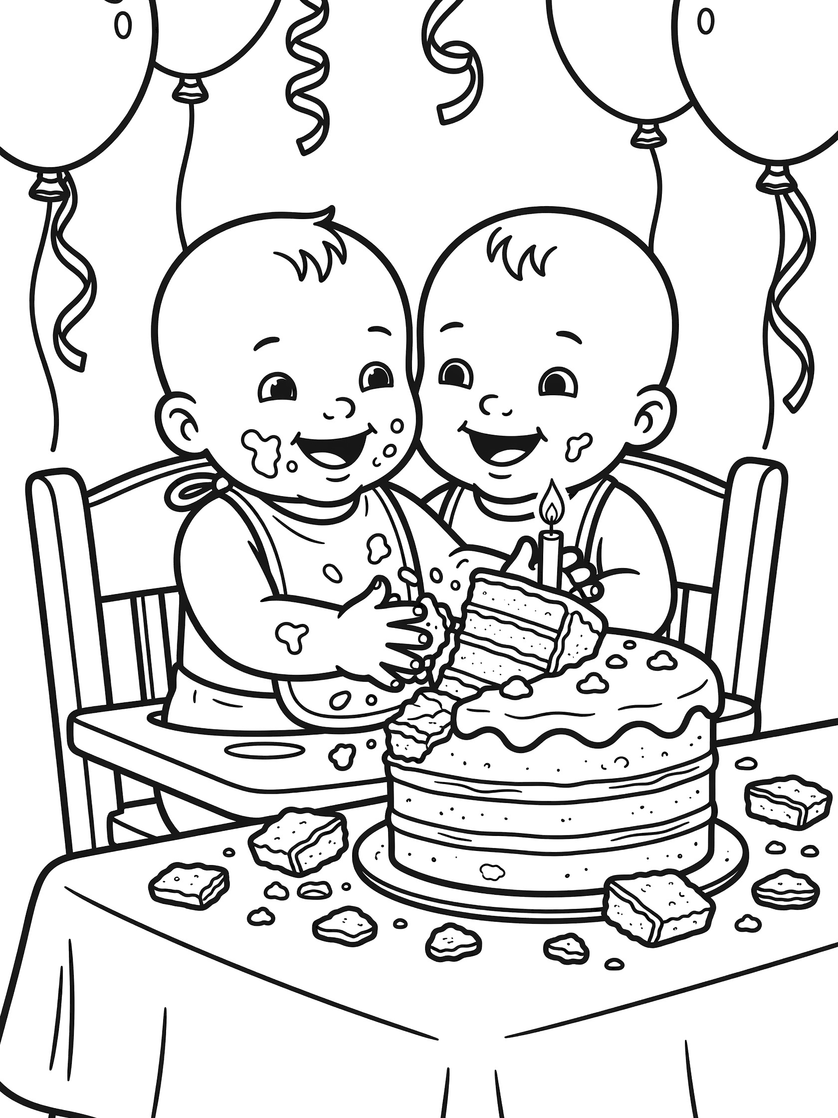 Line art coloring page showing two delighted one-year-old twins in high chairs gleefully smashing a tall layered 1st birthday cake with frosting on faces and bibs, balloons and streamers in background.