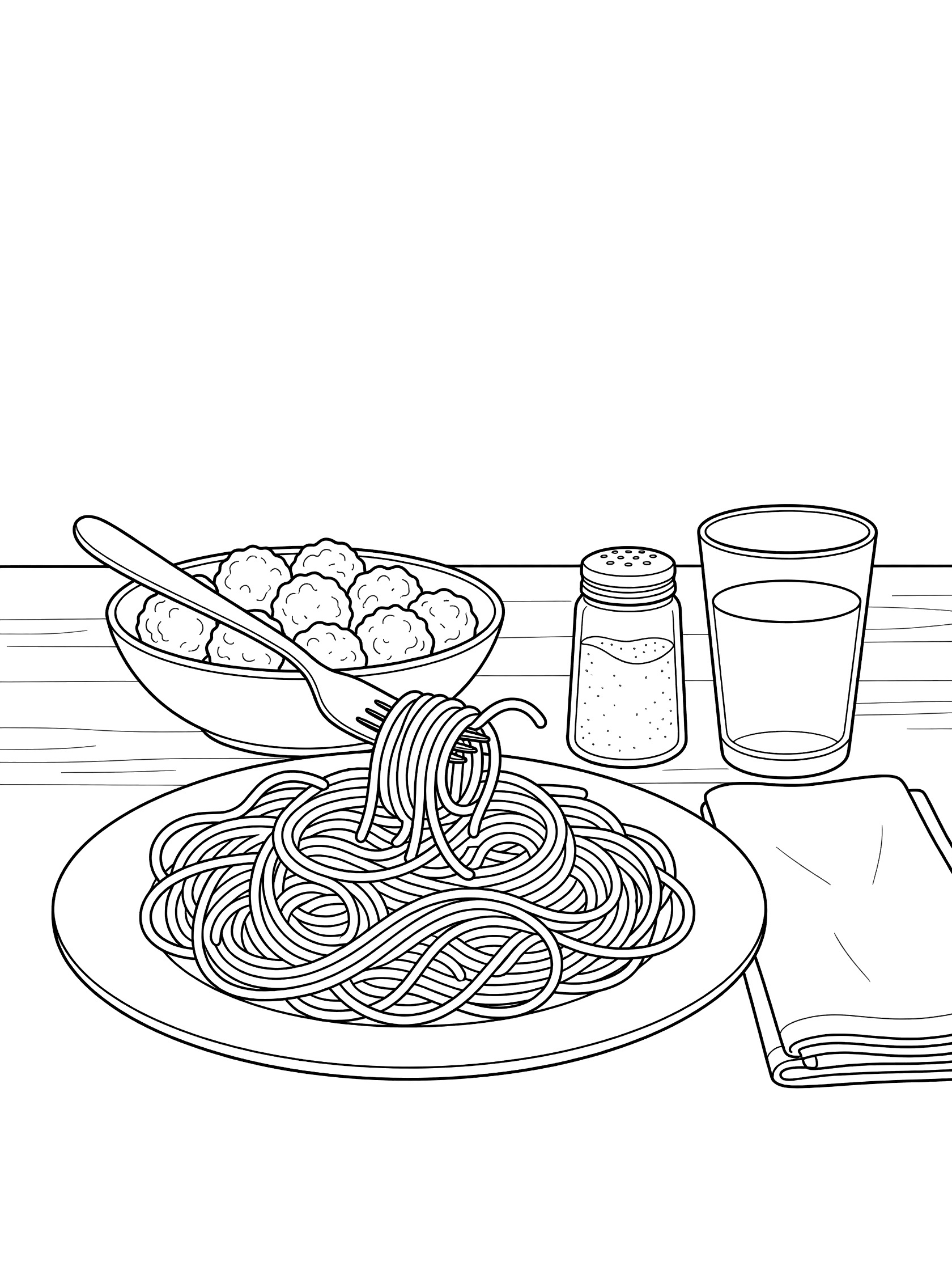 Line art coloring page showing a plate of pasta with spaghetti twirled around a fork, bowl of meatballs, grated cheese shaker, napkin and glass of water on a dinner table