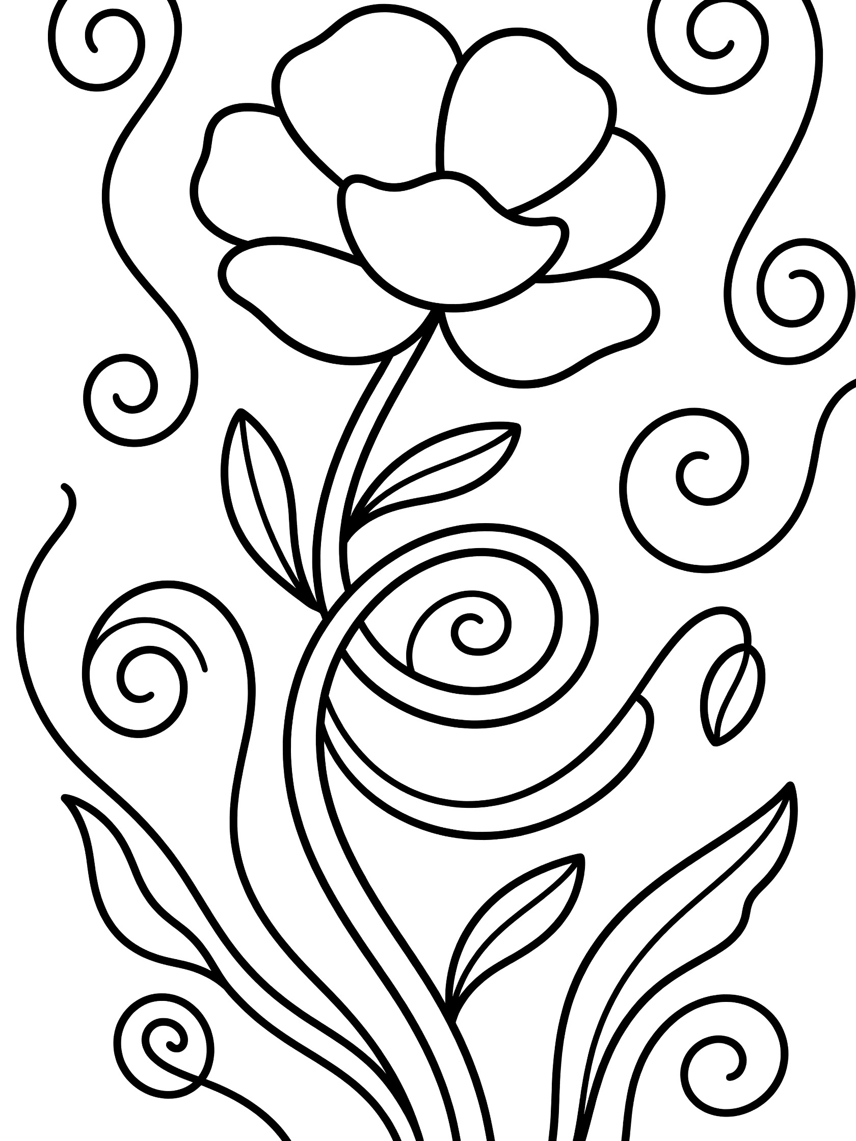 Black and white line art coloring page showing a single flower with petals atop a twirling stem and simple leaves with swirling lines. Poppy themed black and white printable line art