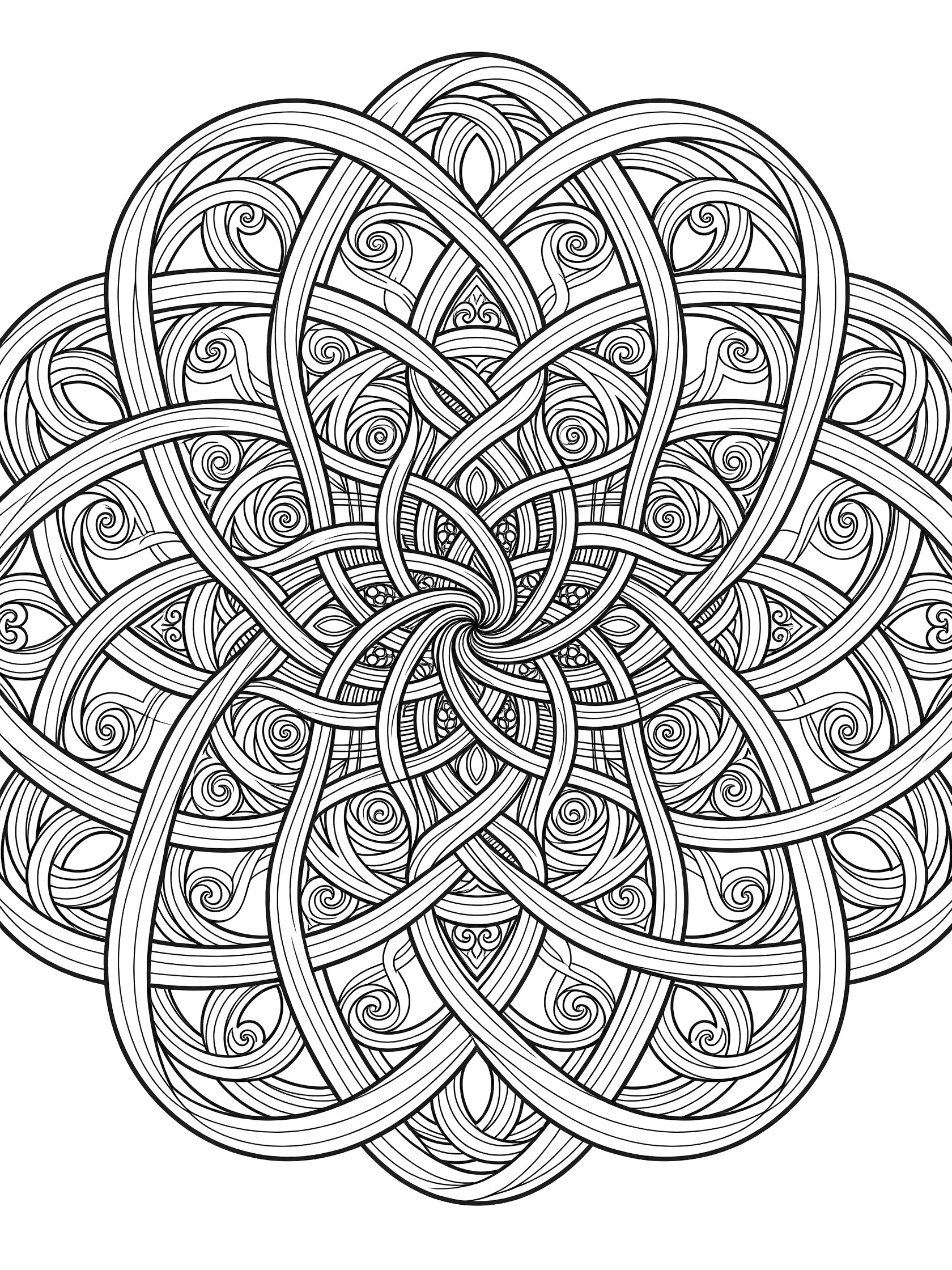 Black and white coloring page of symmetrical Hollibaugh ribbons weaving and twisting in a mandala design with overlapping tunnels and curls.