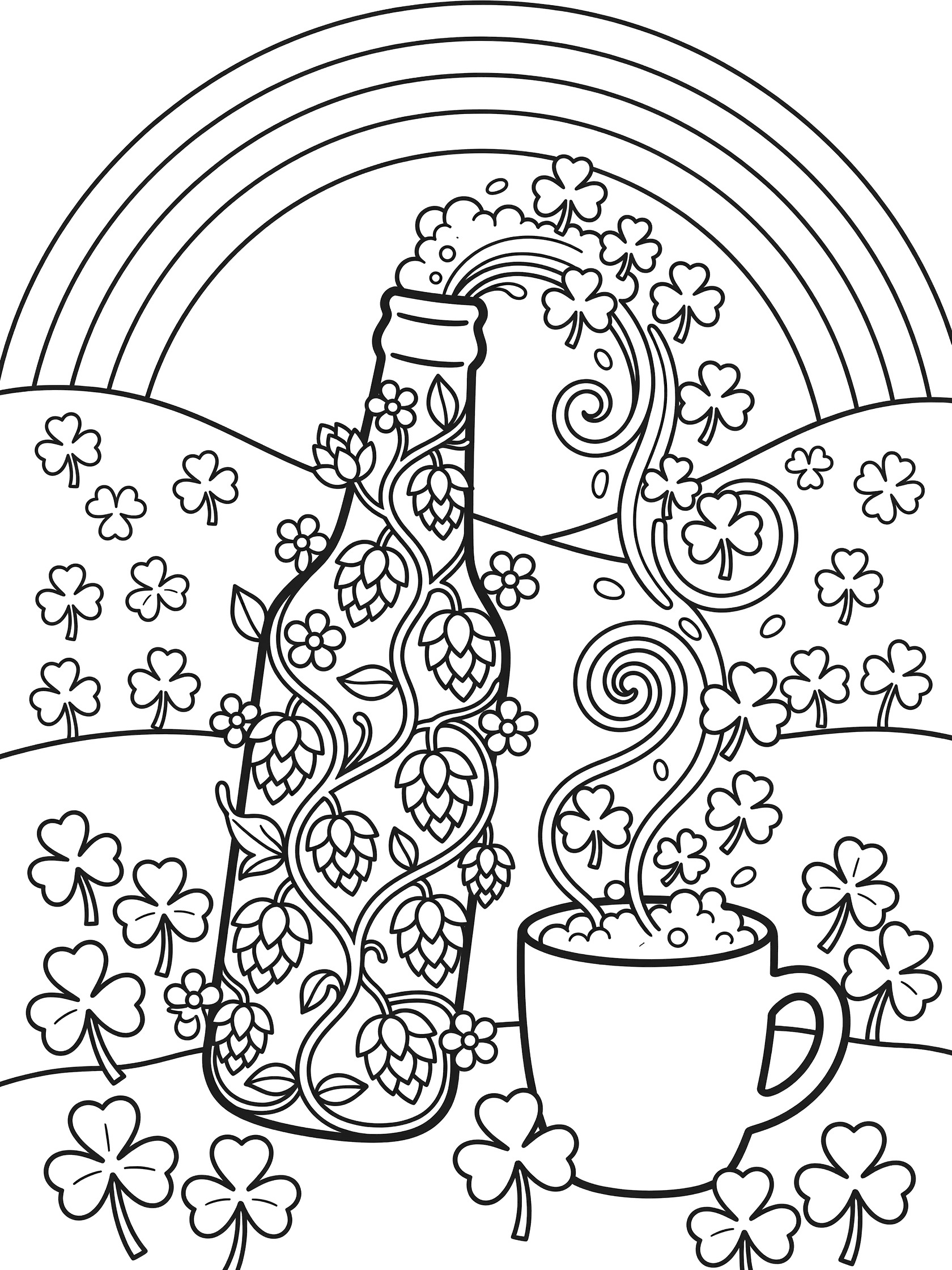 Black and white line art coloring page showing a beer bottle shaped from curly hops vines and leaves, tipping to pour fizzy shamrock foam into a mug with four-leaf clovers, hills, and rainbow.