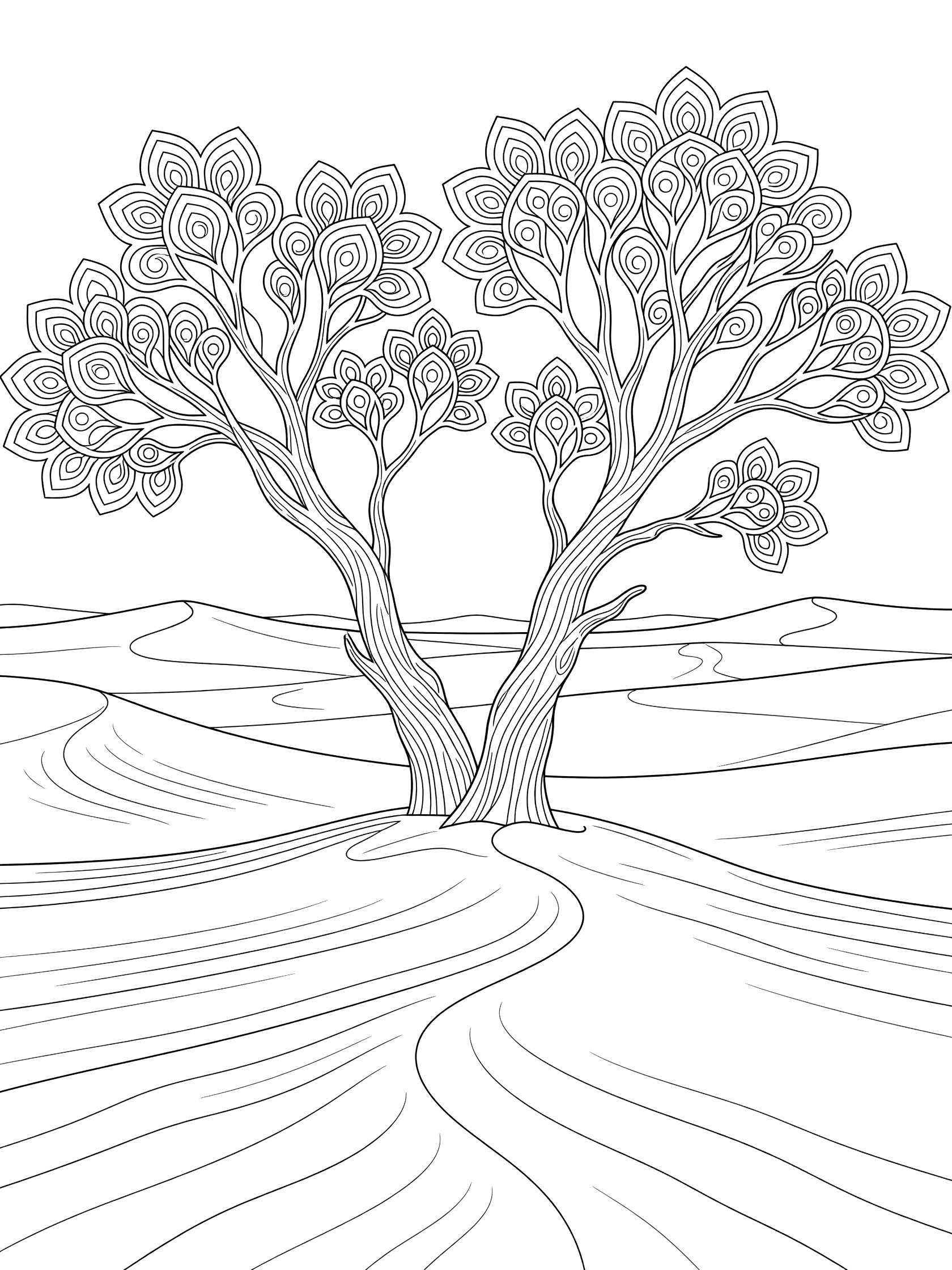 Black-and-white coloring page of symmetrical twisted saxaul trees with branching patterns in the Gobi Desert sandy expanse
