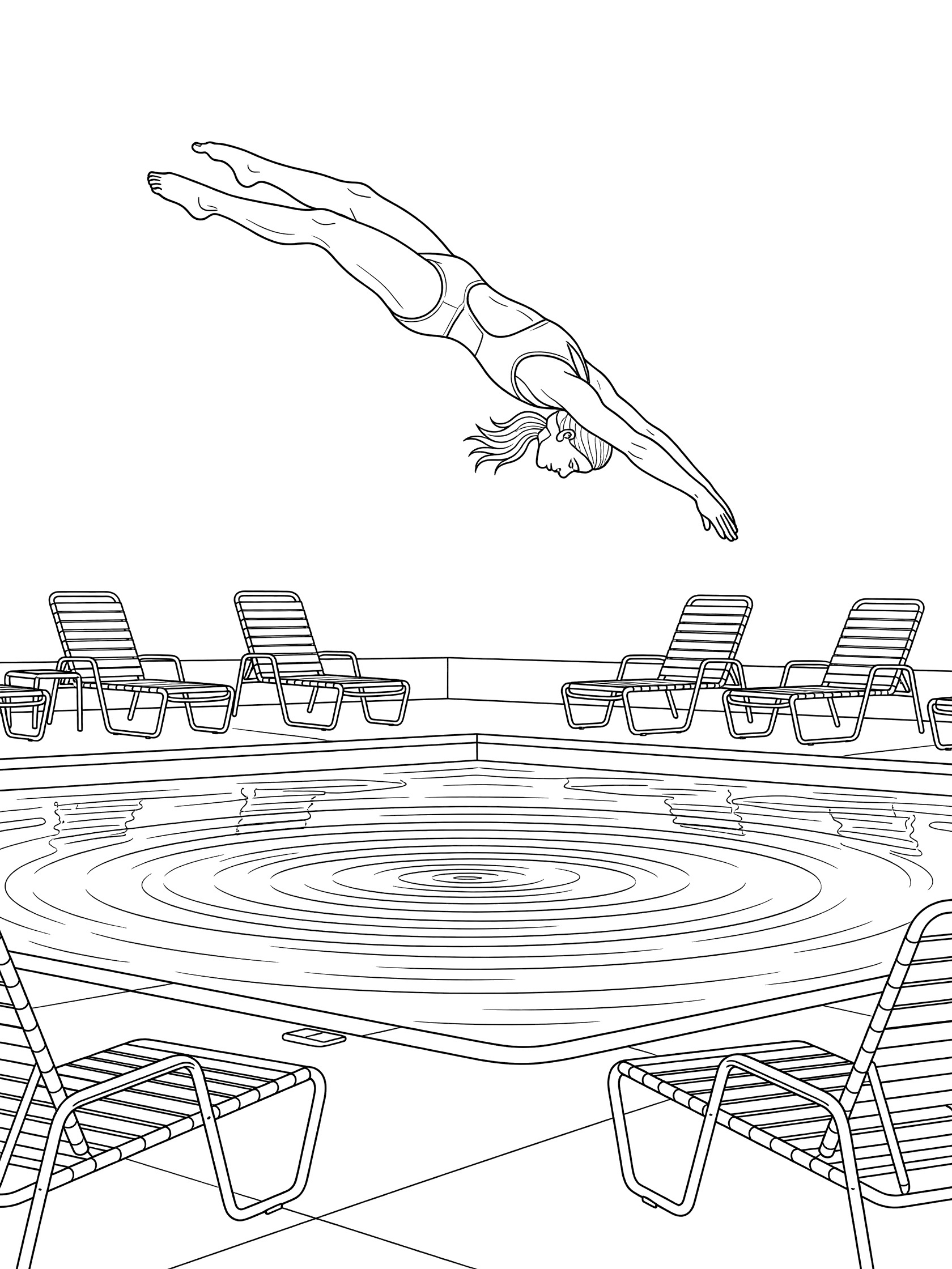 Black-and-white coloring page of a diver in a twisting mid-air flip above a community pool with ripples, lounge chairs, and clean outlines.