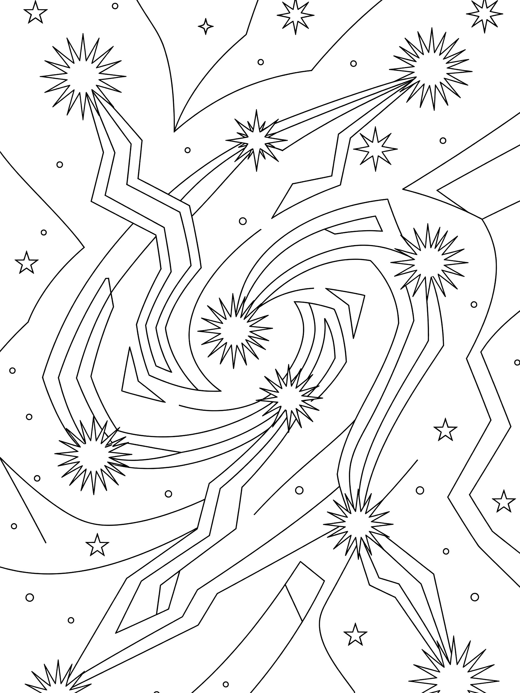 Black and white line art coloring page showing stars bursting from twisting arms of a geometric nebula in space
