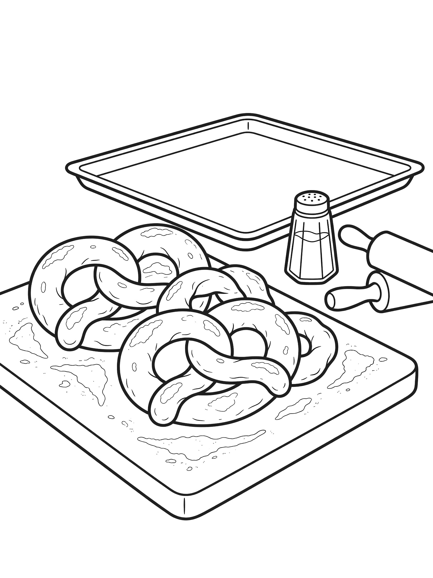 Black-and-white coloring page of several twisting pretzel dough shapes on a floured kitchen board, salt shaker and rolling pin nearby, baking sheet in background