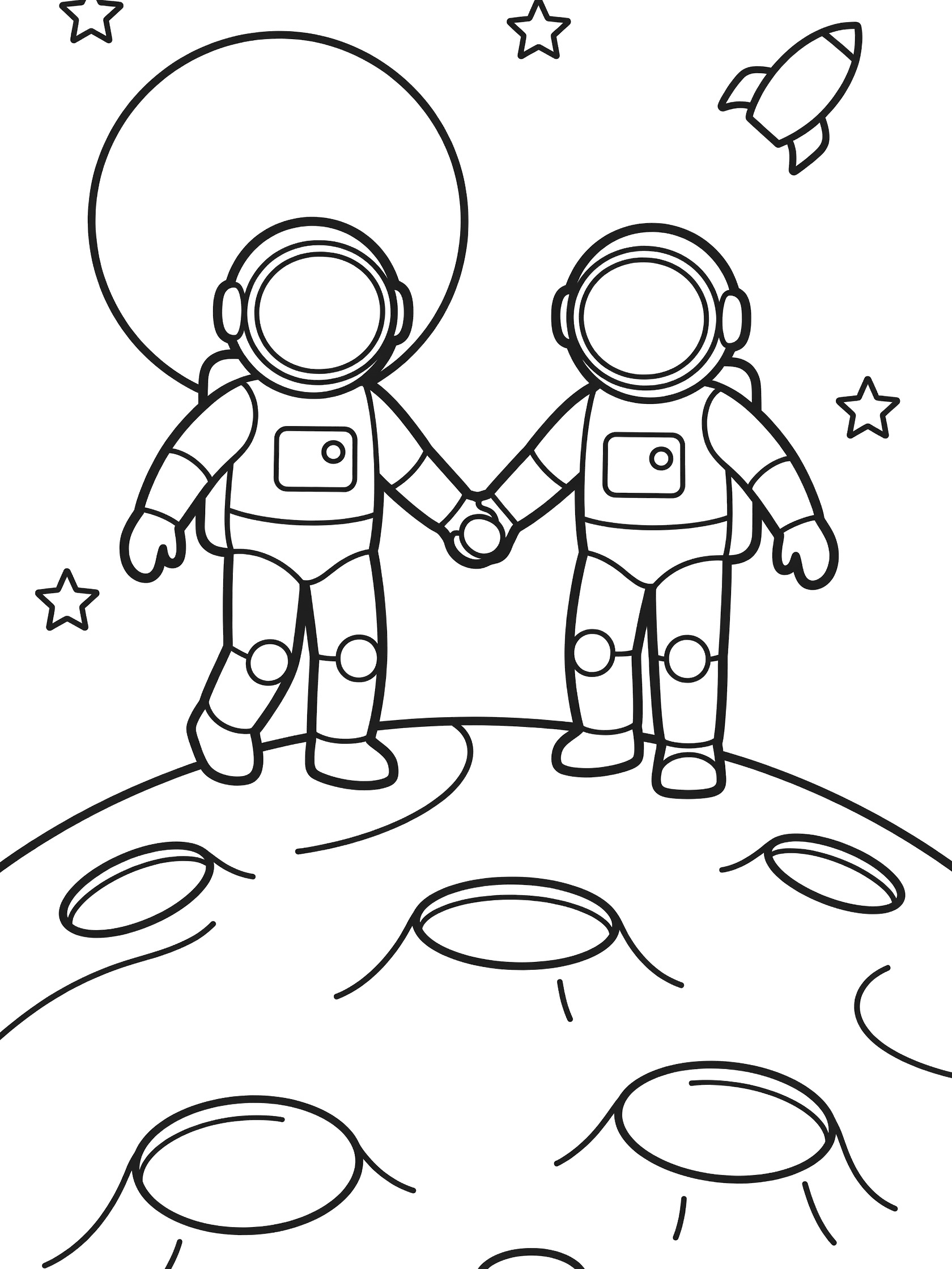 Printable coloring page showing two astronauts in spacesuits holding hands on the moon, with craters, stars, and a rocket in the background.