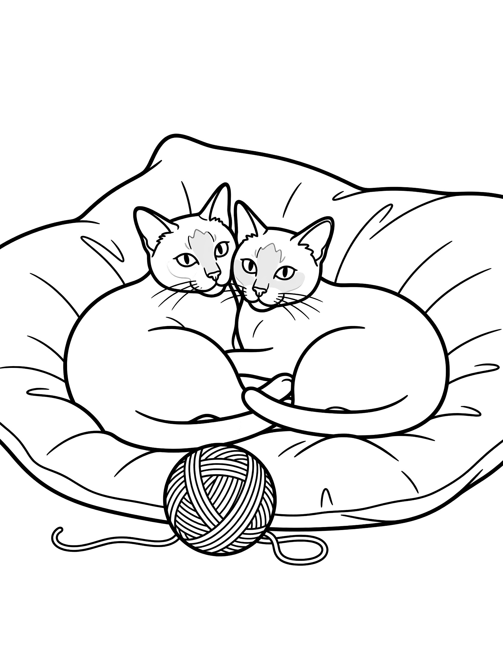 Black and white line art coloring page showing two cats with pointed ears and dark face masks cuddling on a fluffy pillow next to a yarn ball. Siamese Cats themed black and white printable line art
