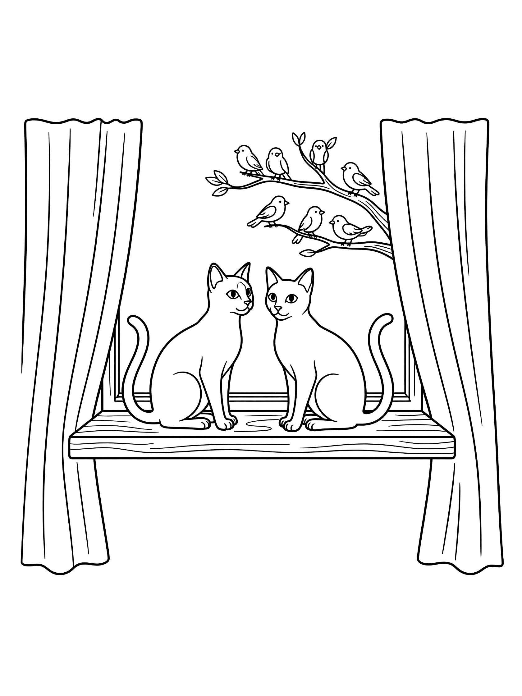 Printable coloring page showing two cats on a wide windowsill gazing at birds perched on a tree branch outside, framed by curtains, clean black line art. Siamese Cats themed black and white printable line art