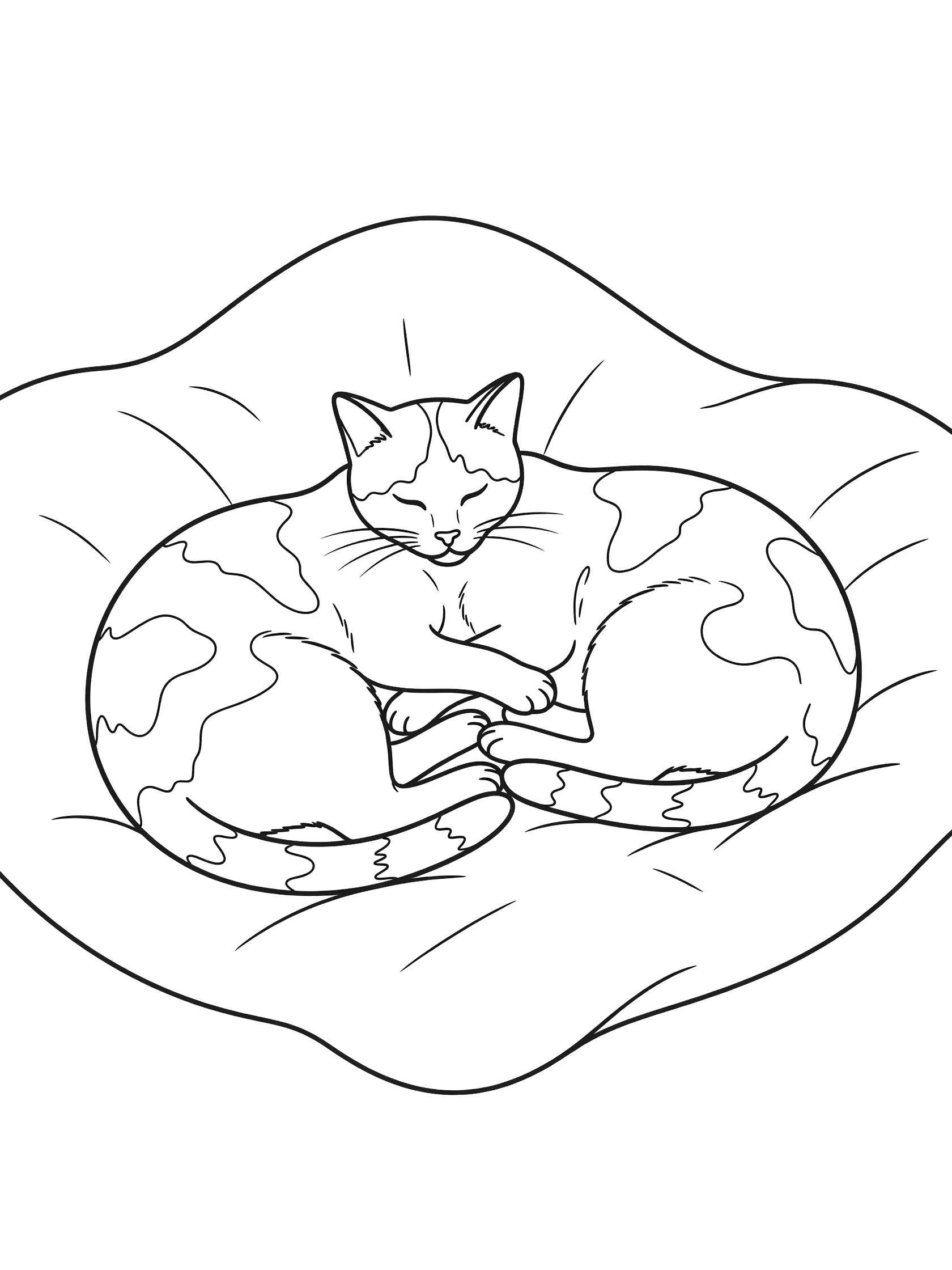 Black and white line drawing of two calico cats napping curled up on a folded blanket, clean outlines for coloring.