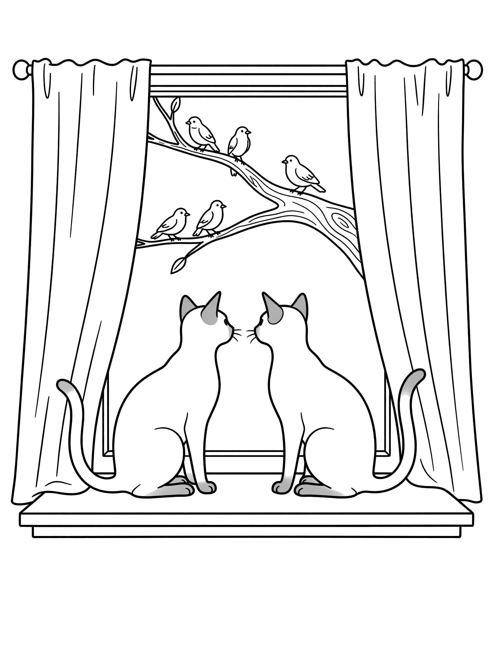Black and white line art coloring page showing two cats sitting on a wide windowsill, gazing out at birds perched on a tree branch, with curtains on both sides. Siamese Cats themed black and white printable line art