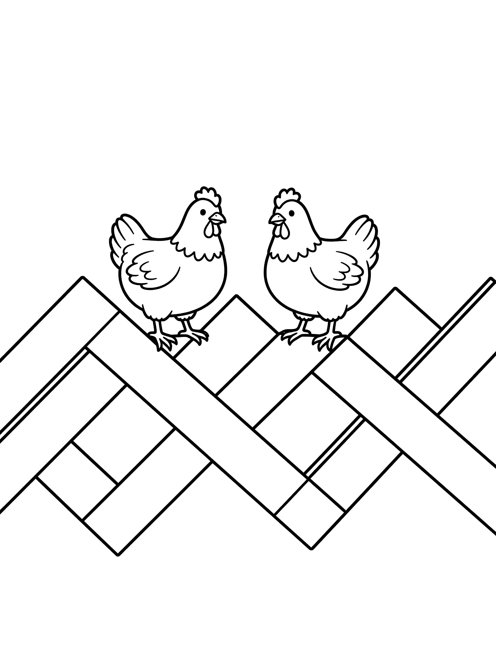 Black and white line art coloring page showing two chickens with fluffy tails and wings perched side by side on zigzag mountain peaks with clean outlines.