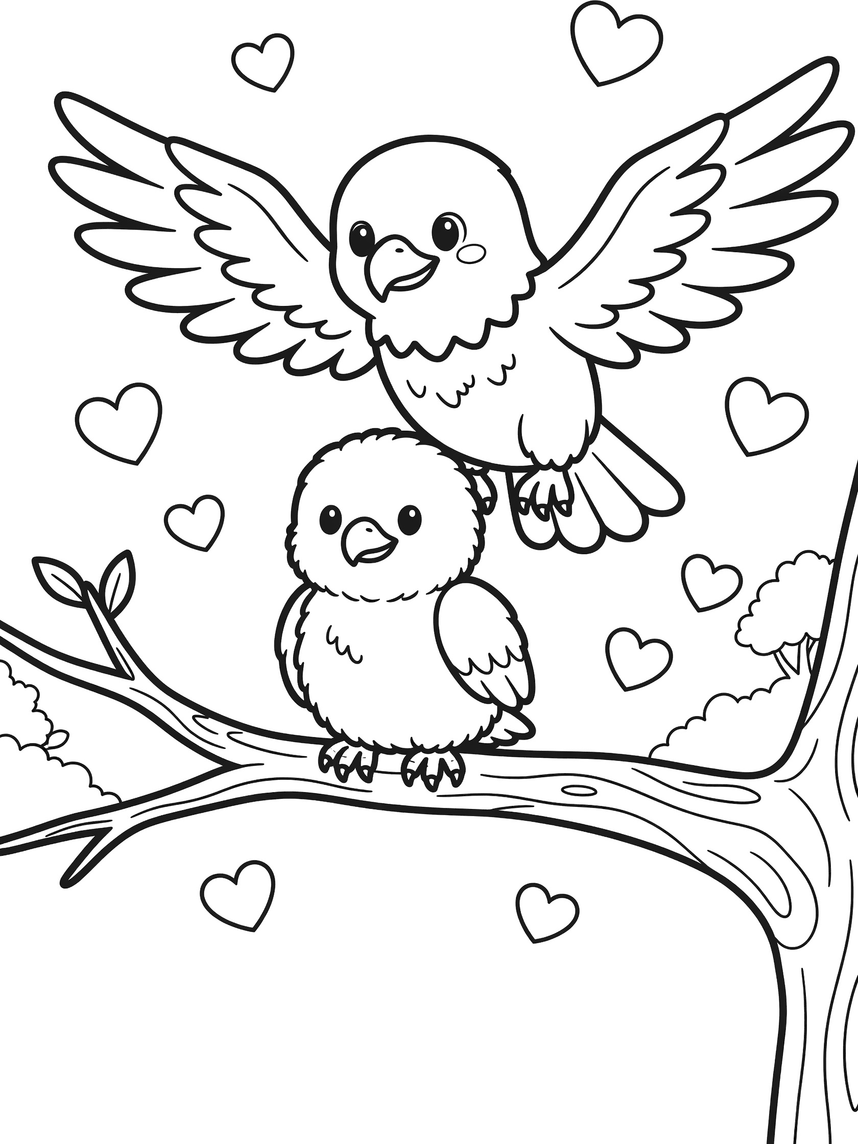 Black and white line art coloring page showing a larger bird hovering over a smaller fluffy bird on a tree branch, surrounded by many heart shapes. Bald Eagle themed black and white printable line art