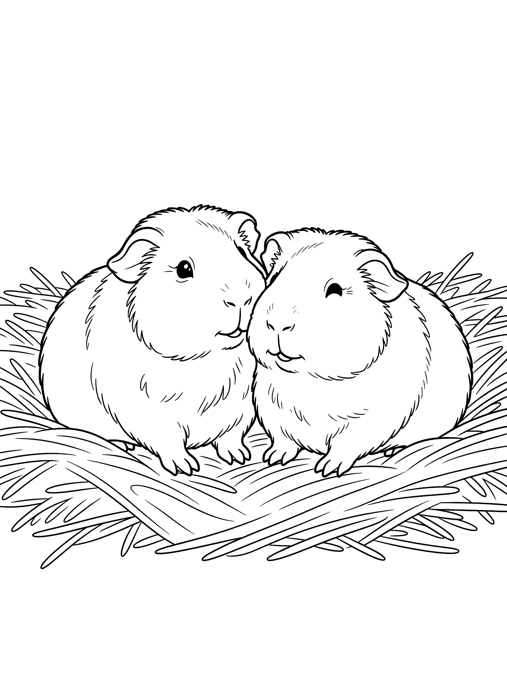 Black and white line drawing of two guinea pigs with big eyes snuggling face to face in a nest made of hay strands.