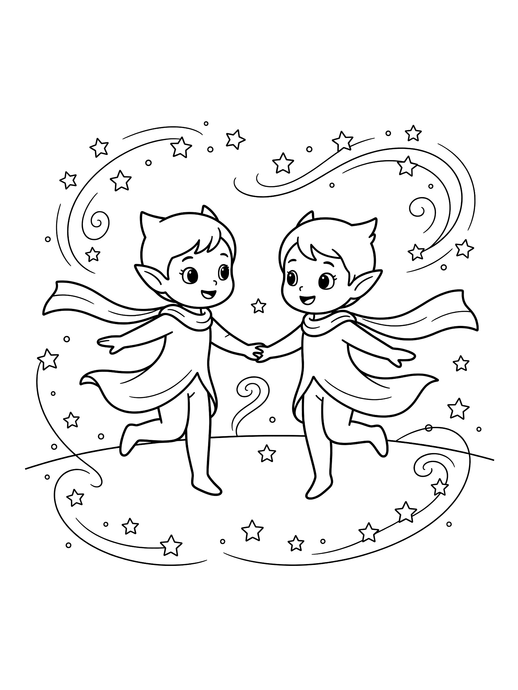 Black and white line art coloring page showing two happy elves dancing together holding hands with stars swirling around and scarves flowing behind them. Astral Elves themed black and white printable line art