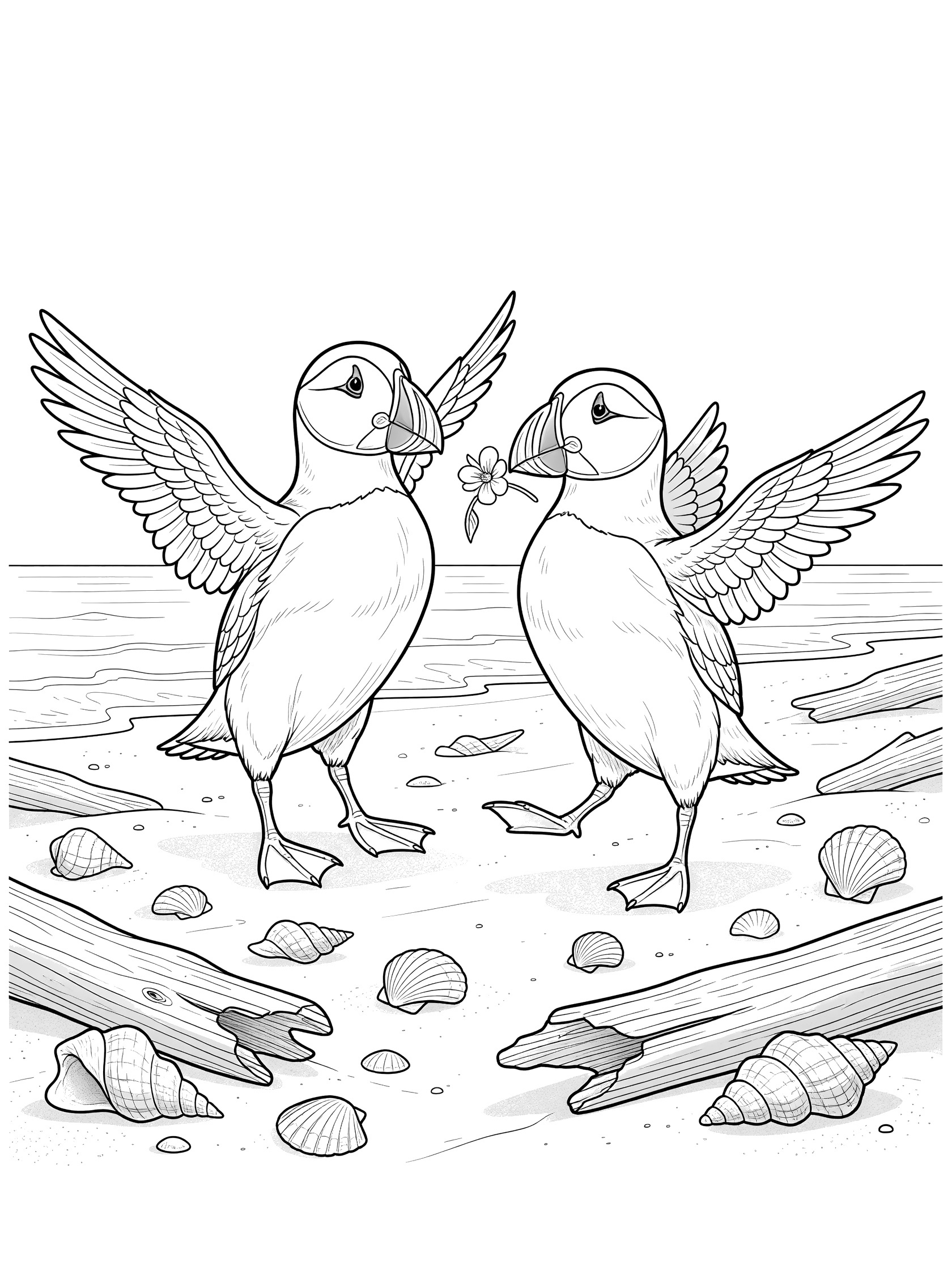 Black and white line art coloring page showing two puffins with wings raised dancing together on sandy beach, one holding a flower in beak, surrounded by seashells and driftwood.