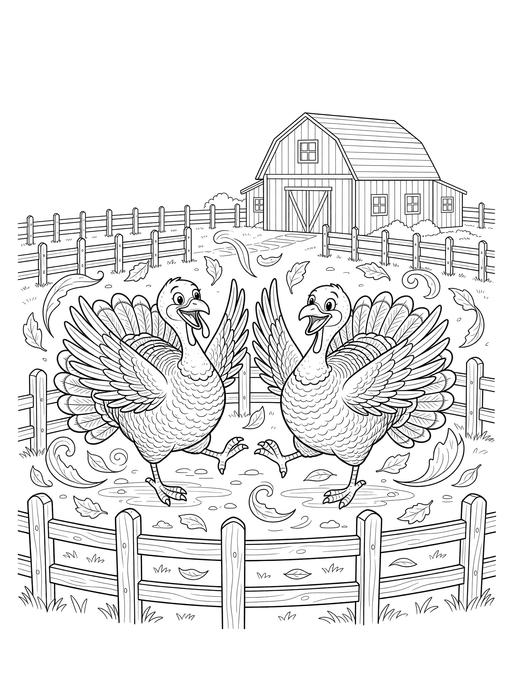 Black and white line art coloring page showing two turkeys dancing with wings out, feet up, leaves around, fences, and a barn in the background