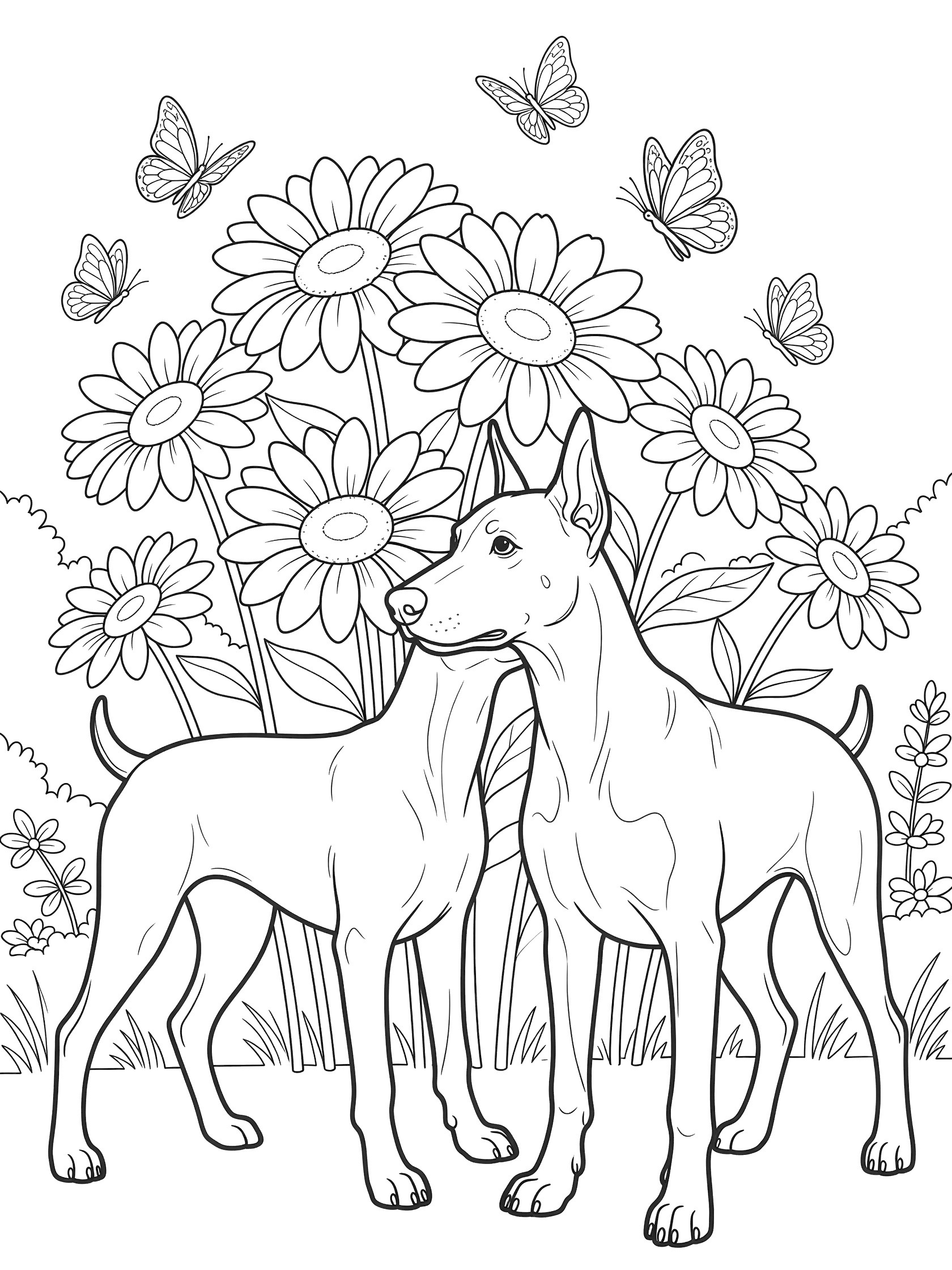 Black and white line art coloring page showing two Doberman dogs facing each other with large daisies and butterflies around them. Doberman Pinscher themed black and white printable line art