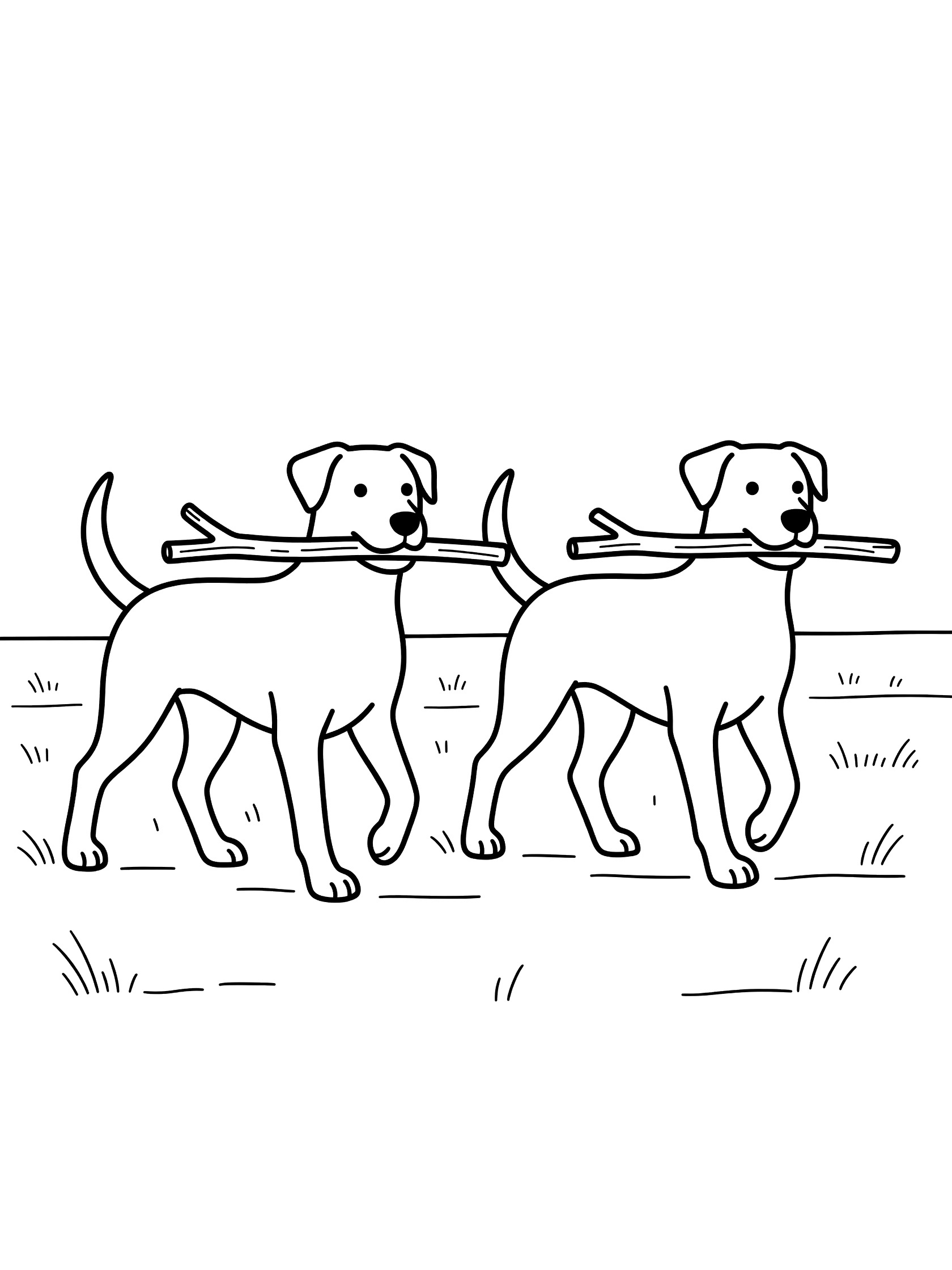 Printable coloring page showing two happy dogs carrying long sticks together while walking in tall grass on a white background. Mutts themed black and white printable line art