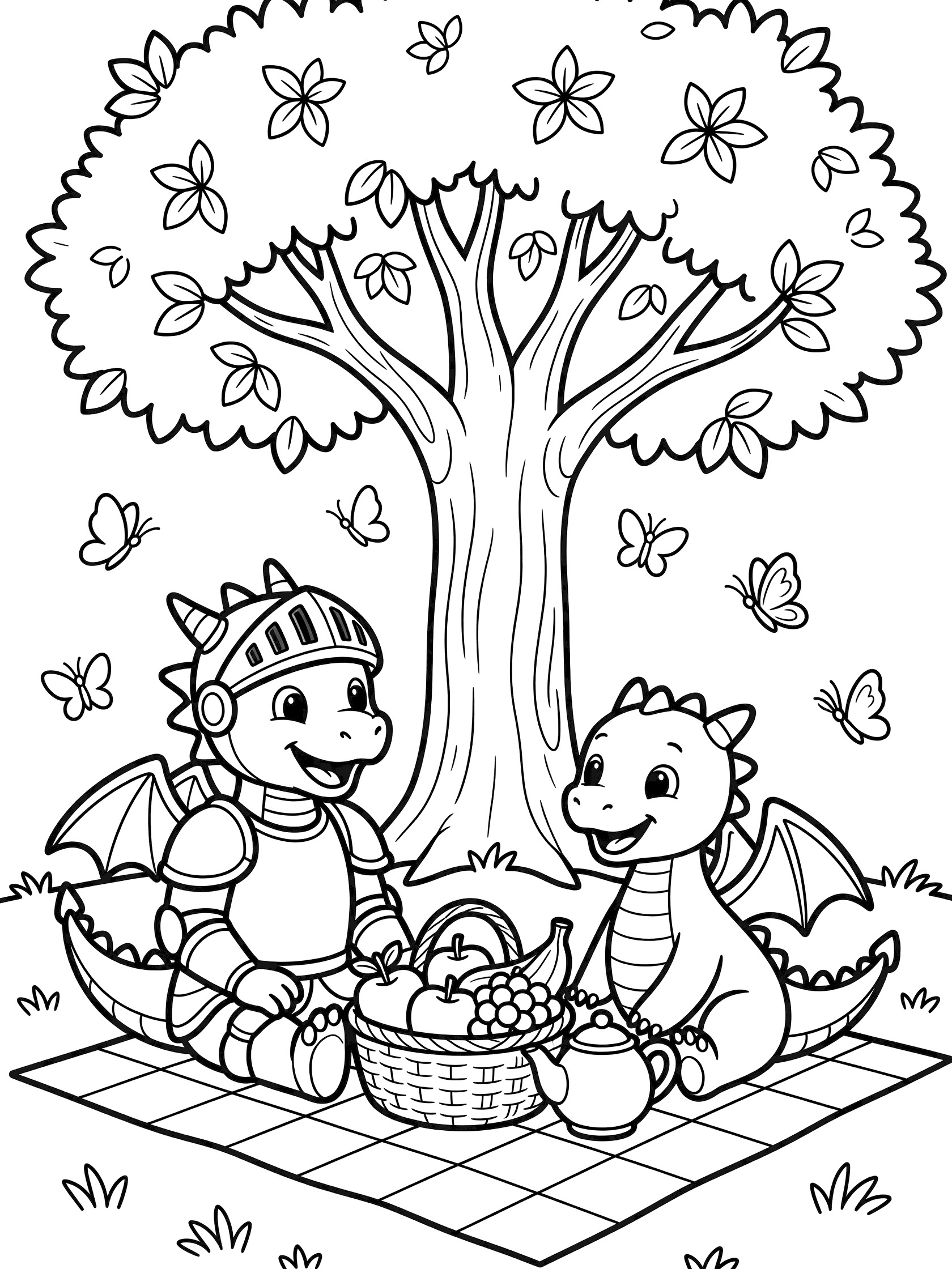 Black and white line art of two dragons picnicking on a checkered blanket with fruit baskets, teapot, big tree and butterflies. Dragon Knight themed black and white printable line art