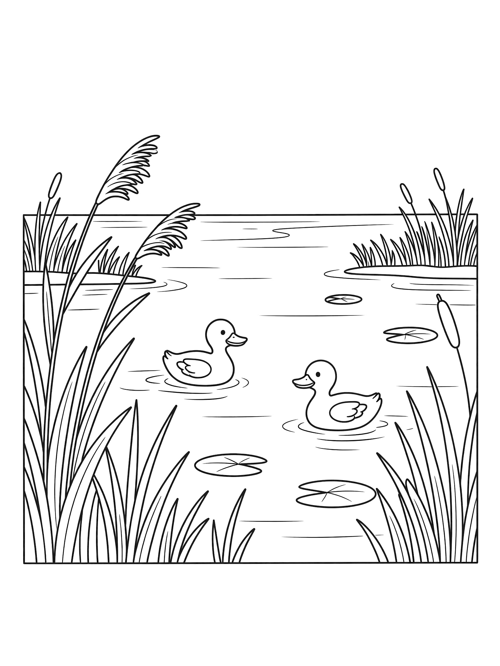 Black and white coloring page showing two ducks swimming in calm pond water surrounded by tall reeds and floating lily pads. Danube River themed black and white printable line art