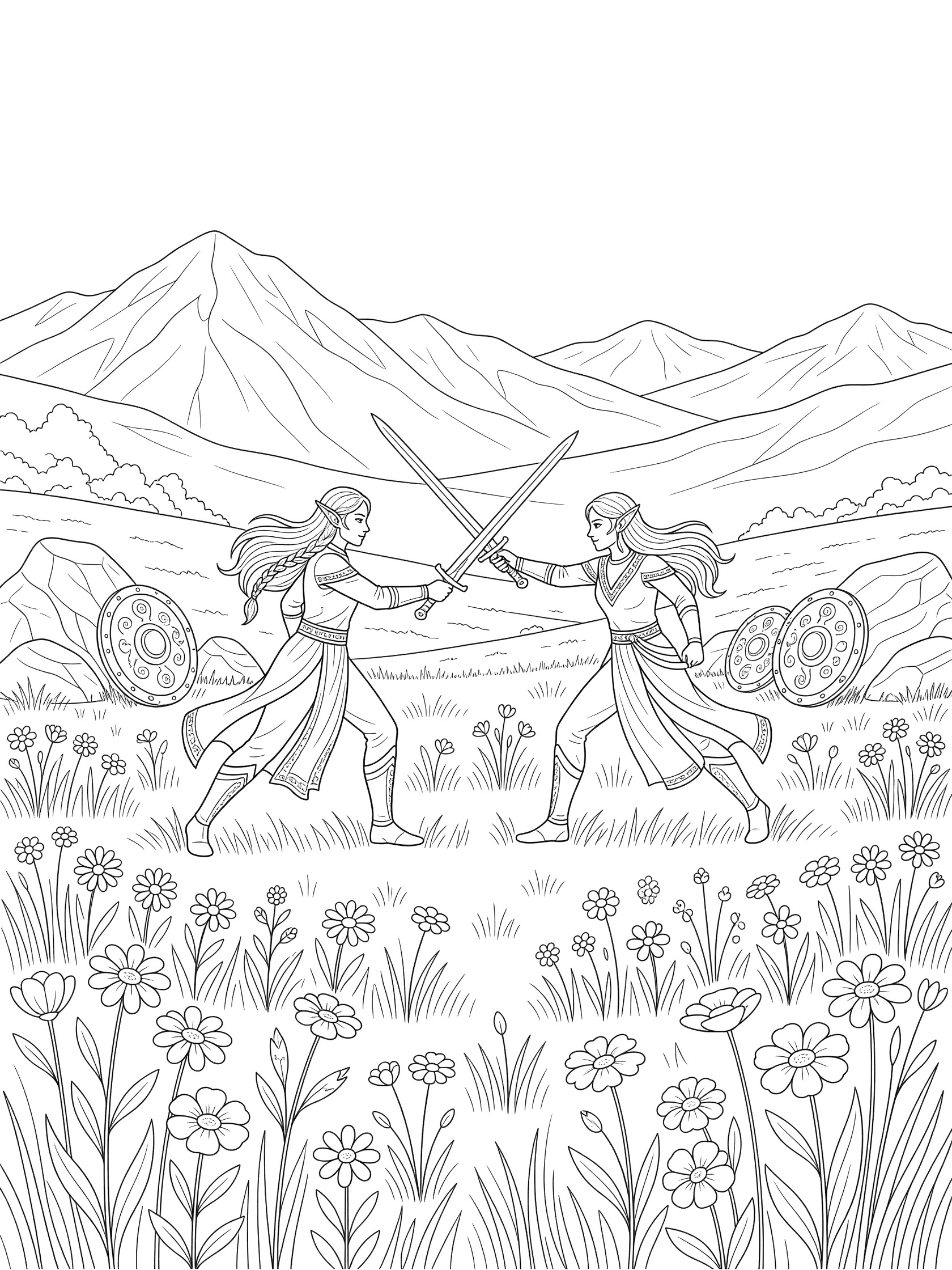 Black and white line art of two long-haired elf warriors in tunics fighting with slender swords, shields by rocks, flowers and distant mountains. High Elves themed black and white printable line art