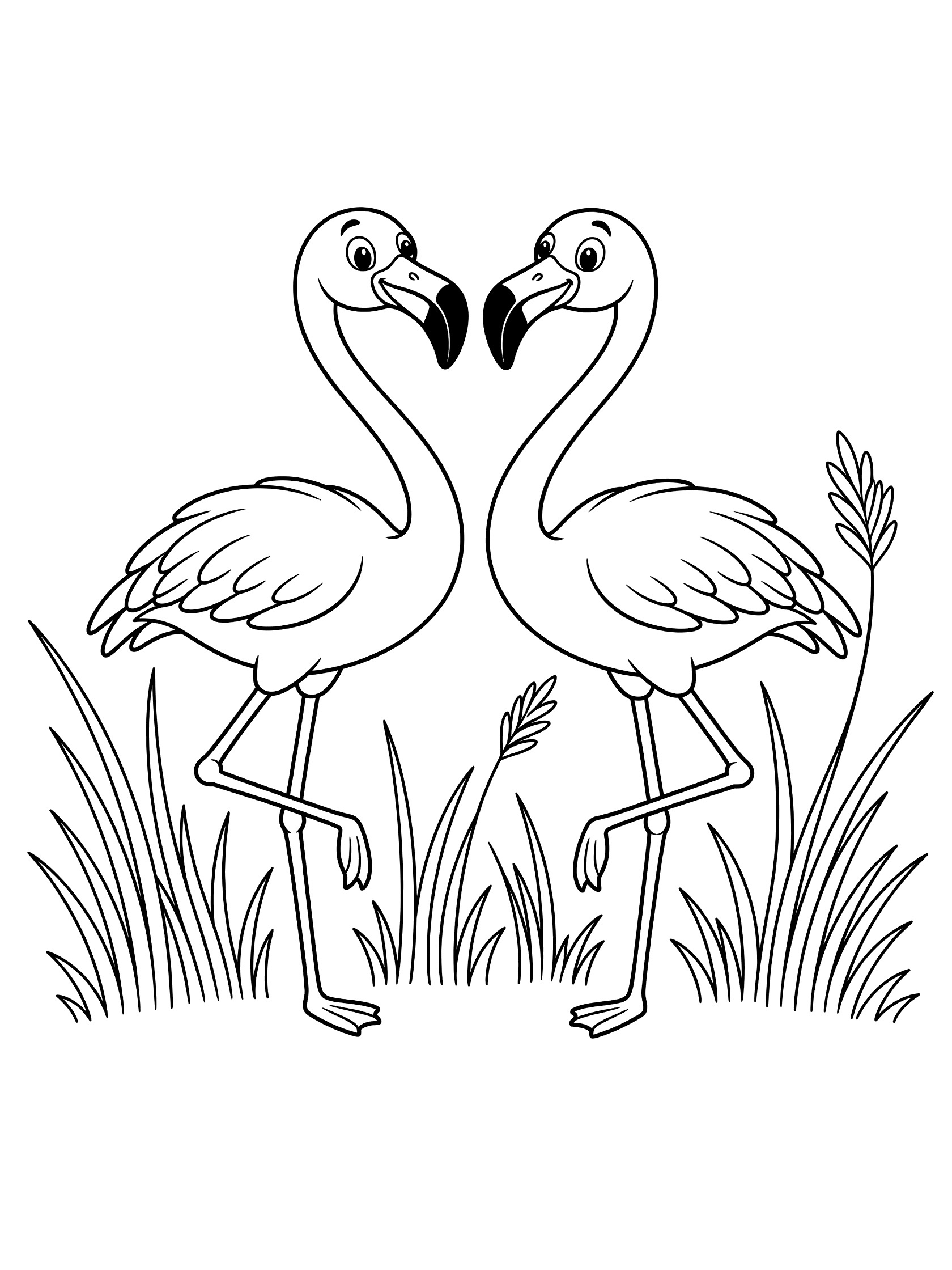 Black and white line art coloring page showing two cartoon flamingos facing each other with curved necks, happy eyes, lifted legs, and tall grass around them.