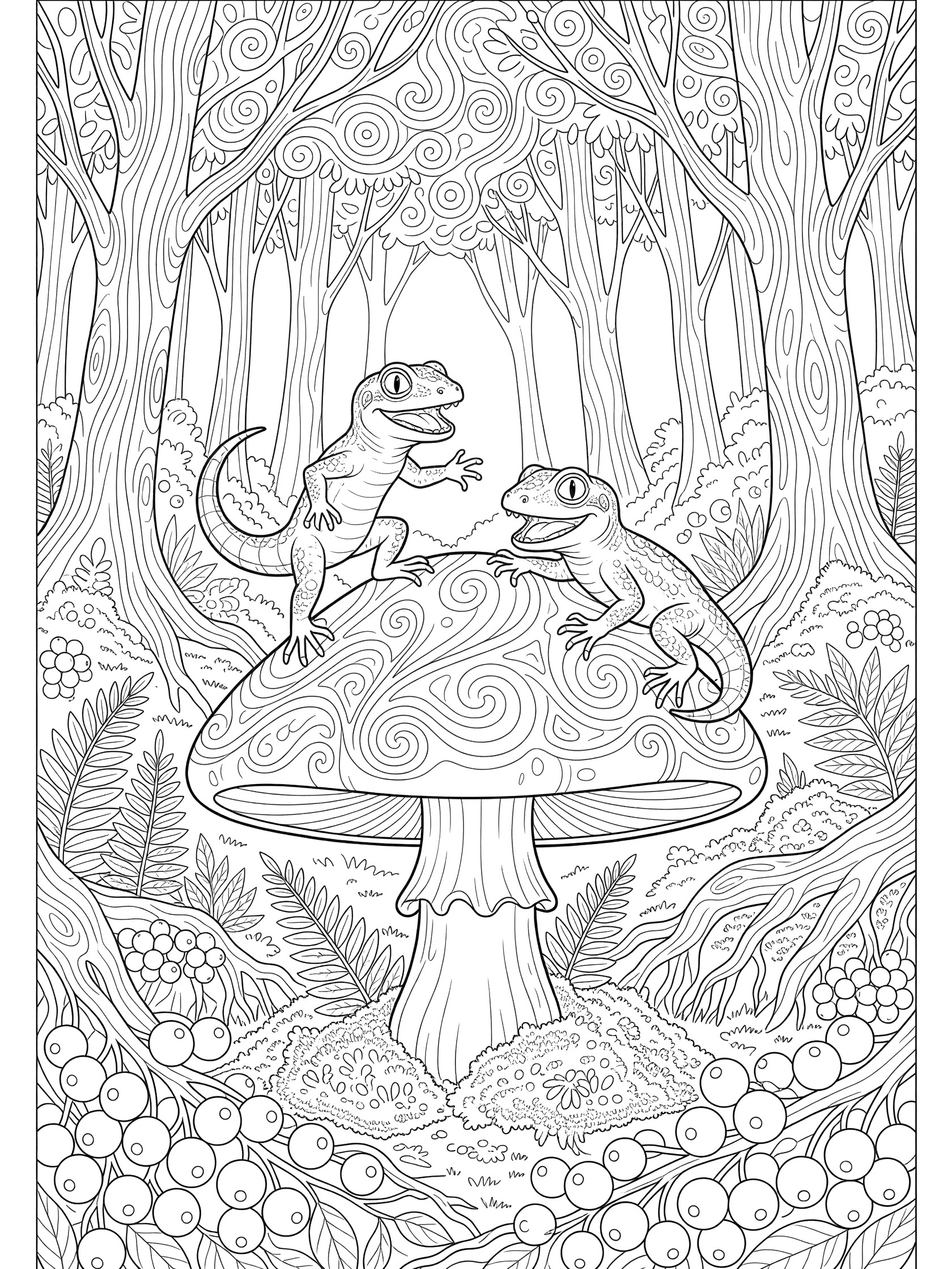 Black and white line art coloring page showing two geckos standing on a large mushroom cap in a forest glade with trees, ferns, berries, and swirling details. Lizard themed black and white printable line art