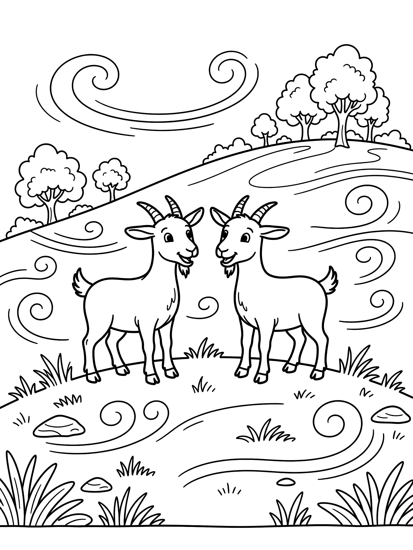 Black and white printable coloring page showing two goats facing each other on a grassy hill with swirling wind patterns and distant trees in the background.