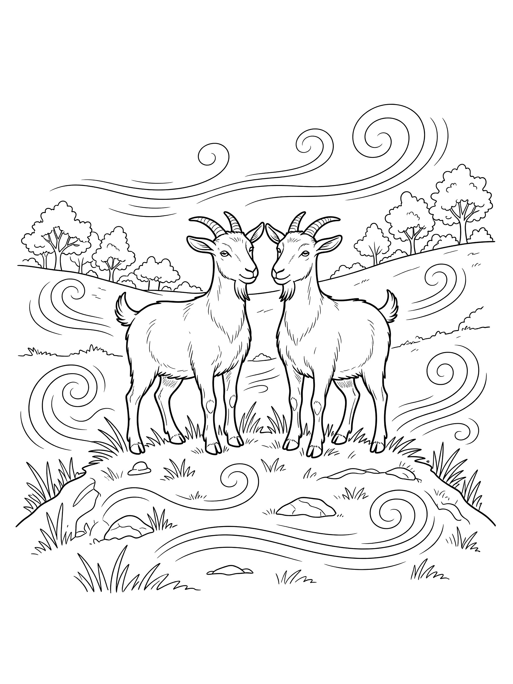 Black and white coloring page showing two goats facing each other on a grassy hilltop with wind swirls, distant trees, and rocks.