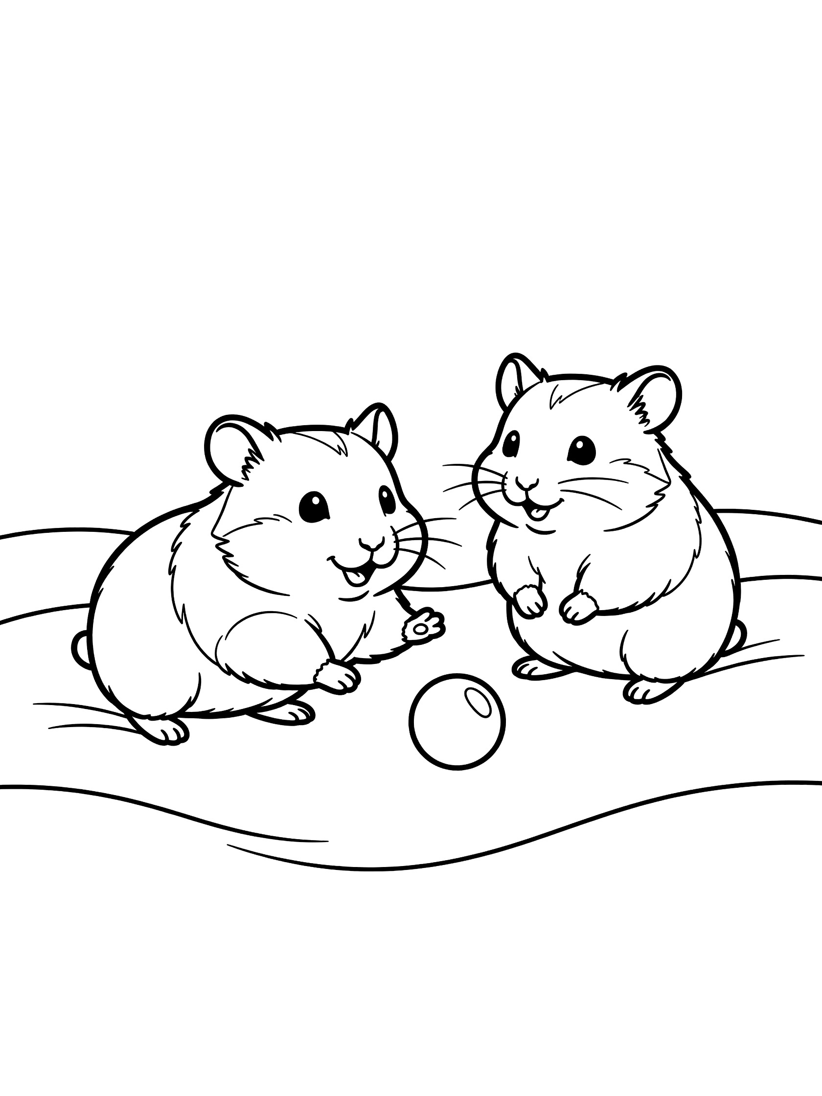 Printable coloring page showing two hamsters with round ears and cheeks playing with a round ball on wavy lines