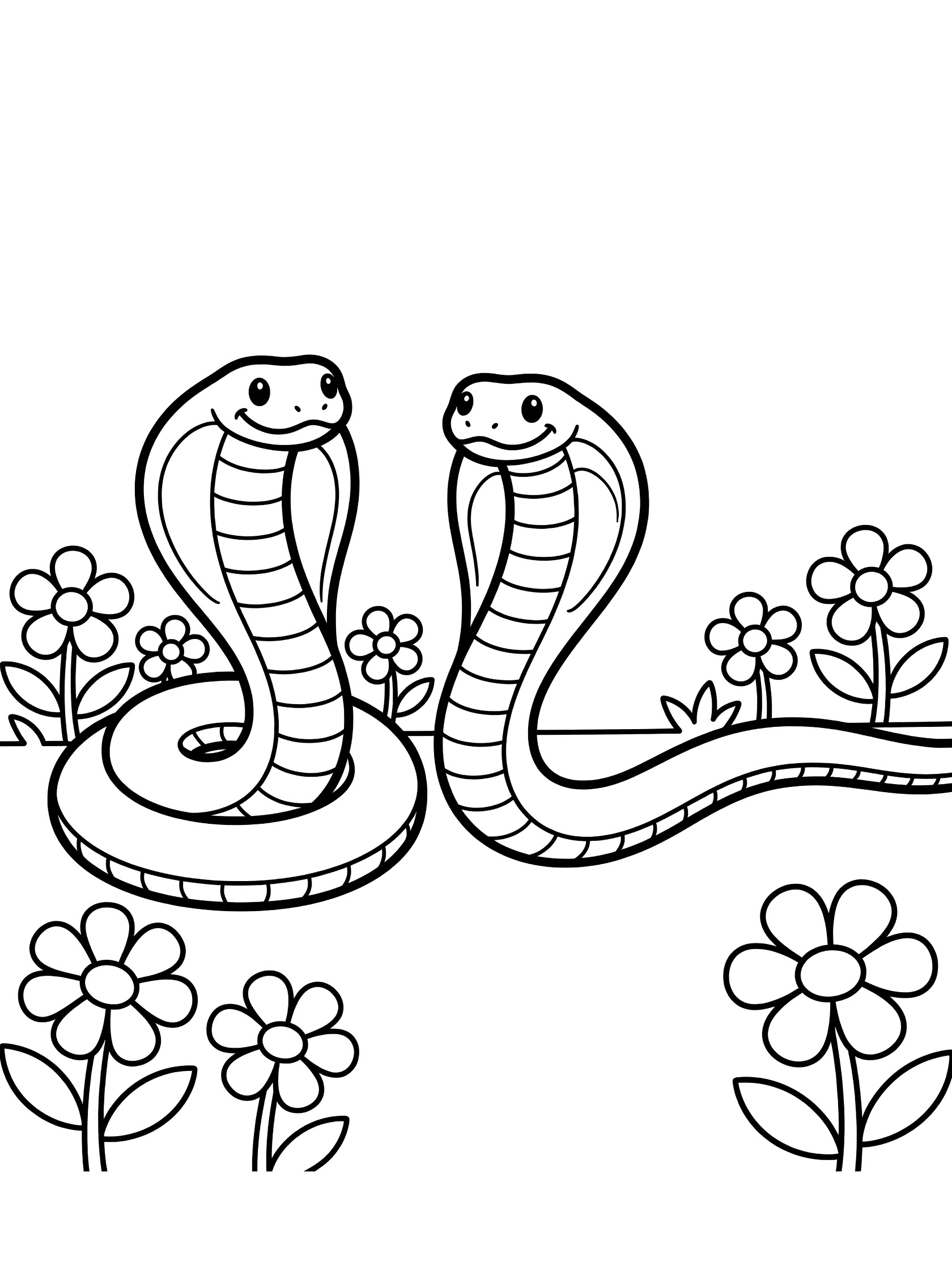 Black and white line art coloring page showing two smiling cobras with hoods, one coiled up and one stretched out, next to patches of simple flowers.