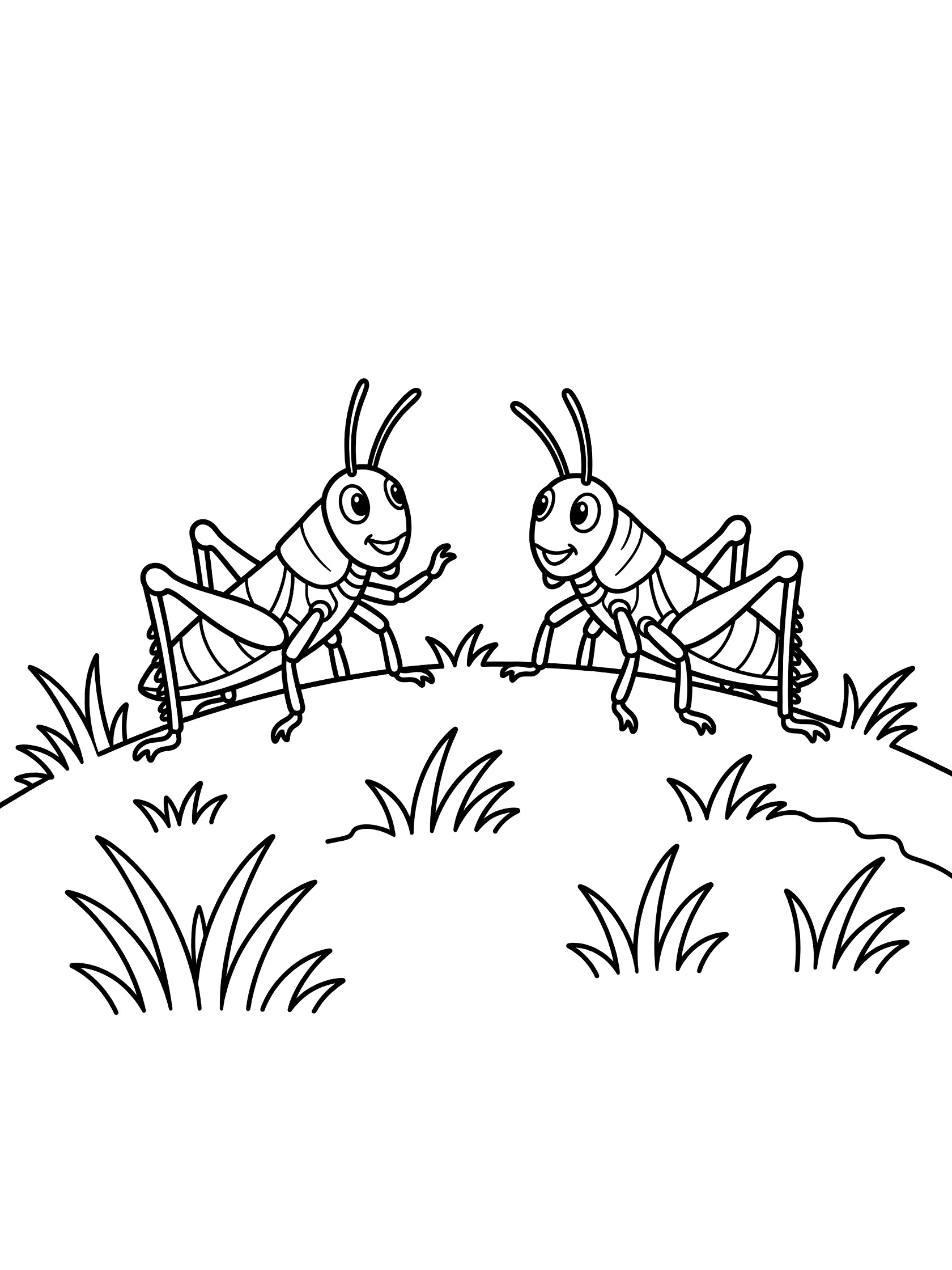 Black and white printable coloring page showing two cute grasshoppers with happy faces facing each other playfully on a hill of grass.