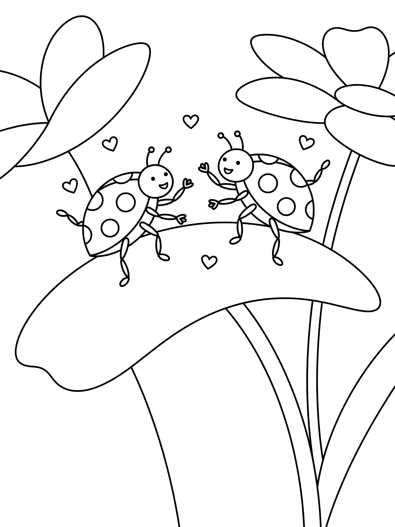 Black and white line art coloring page showing two ladybugs with spots holding hands and dancing on a large flower petal with floating hearts nearby
