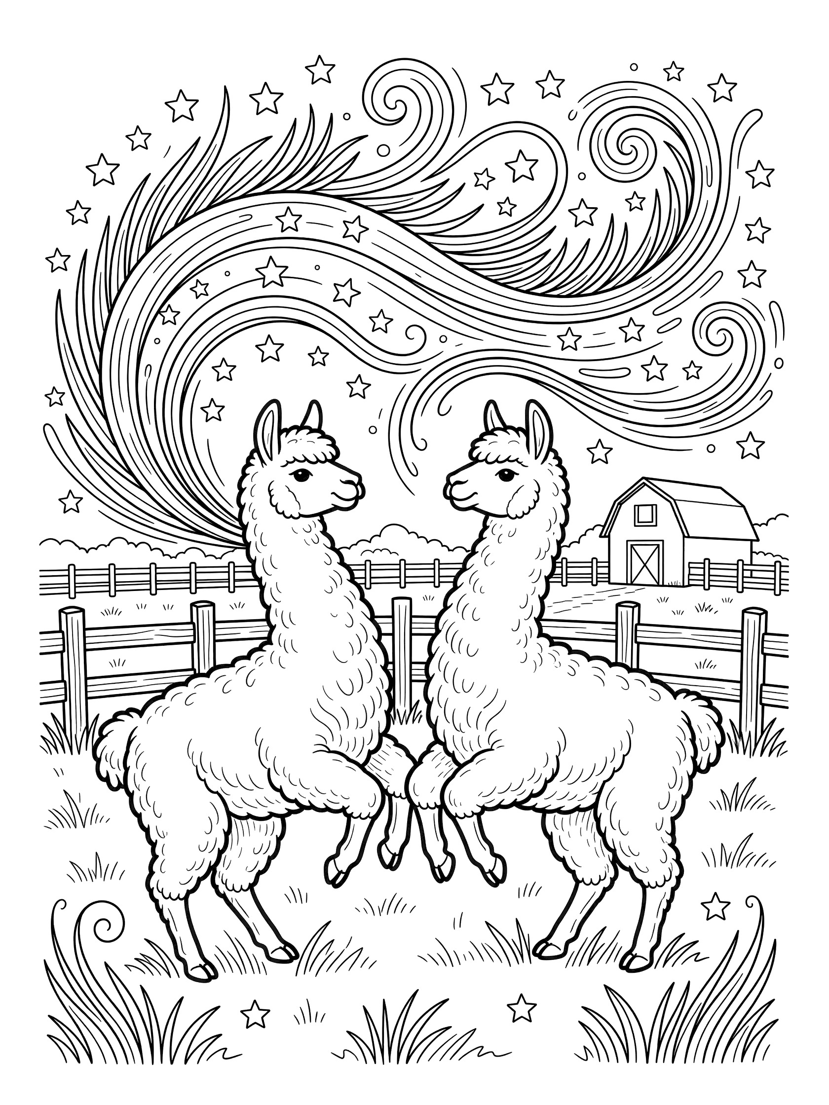 Printable coloring page showing two llamas dancing face to face in a farm clearing with swirling stars above, grass below, a barn, and fence.