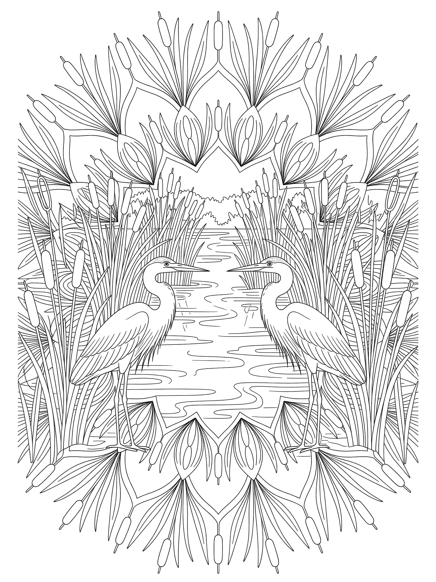 Black and white coloring page of two herons with wings slightly spread, standing symmetrically in repeating reed and cattail patterns around a winding river. Rio Grande themed black and white printable line art