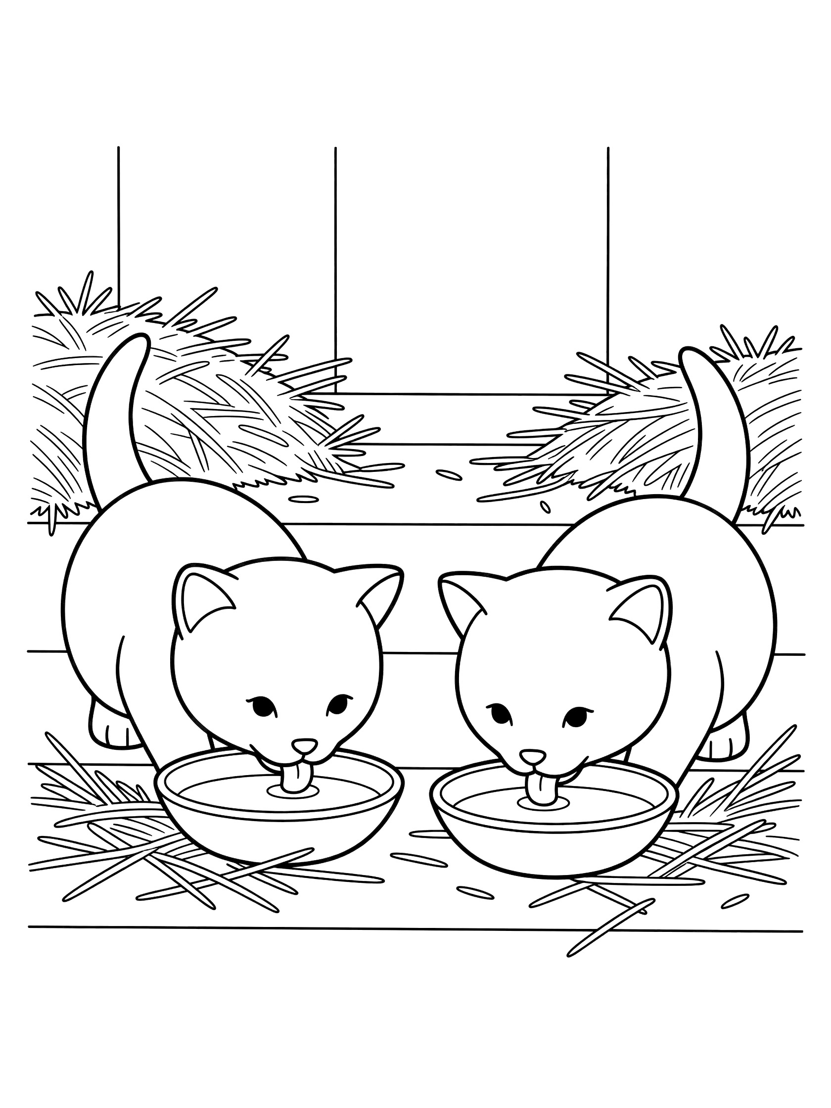 Printable coloring page showing two kittens with big eyes lapping milk from shallow bowls surrounded by hay on a wooden floor.