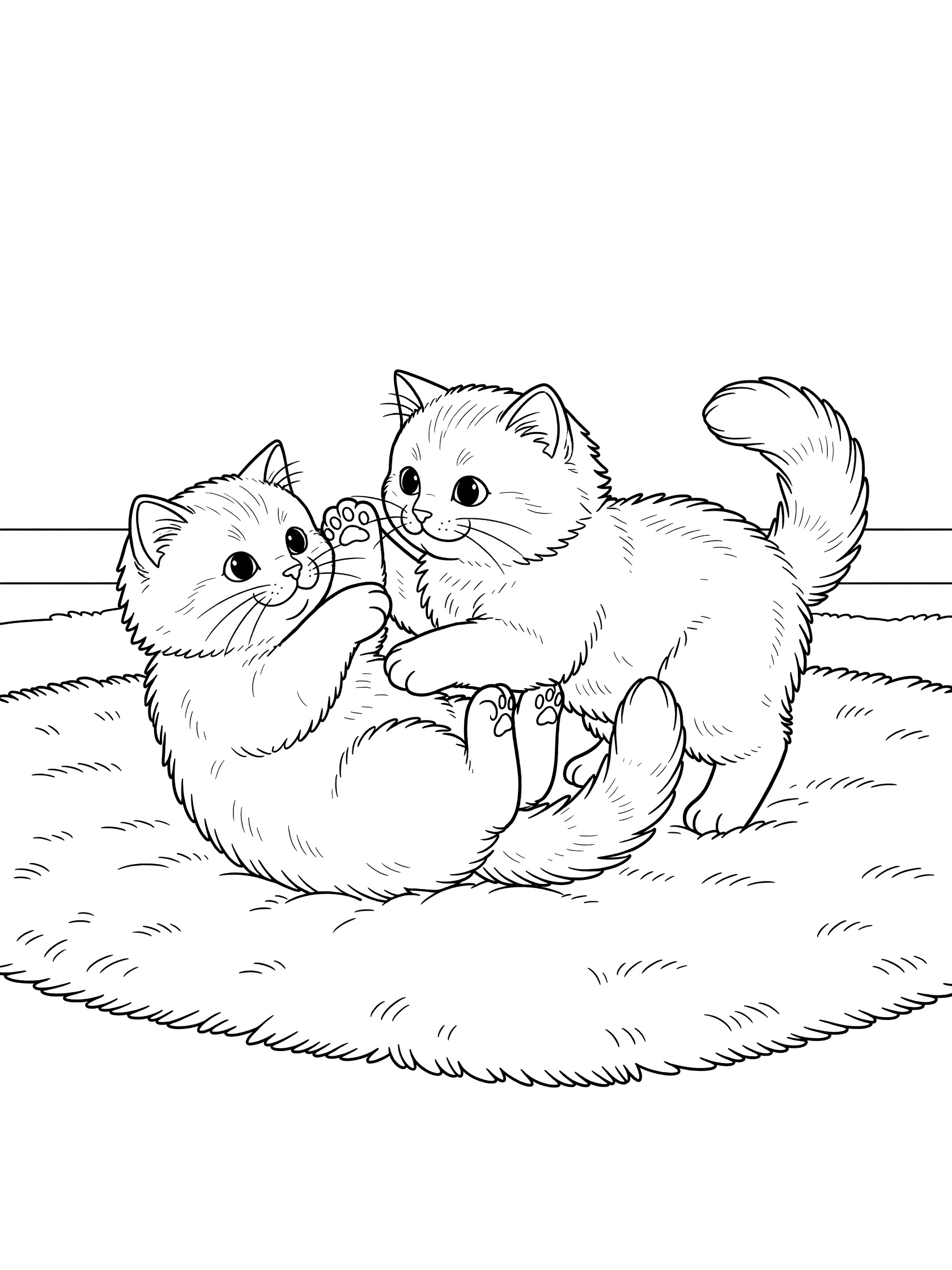 Black and white coloring page showing two domestic cats as kittens playfully tumbling over each other on a rug, with one batting the other's ear and tails intertwined.