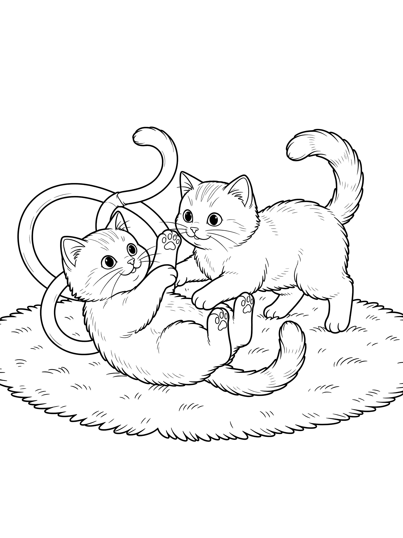Black and white coloring page showing two domestic cat kittens playfully batting and tumbling on a rug with intertwined tails.