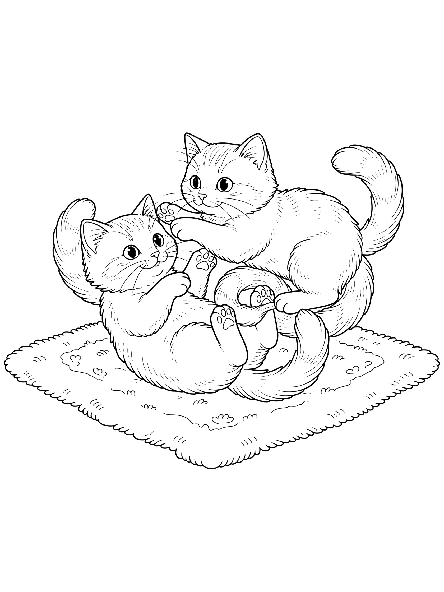 Black and white coloring page showing two domestic cat kittens playfully tumbling over each other on a rug, with tails intertwined and one batting an ear.