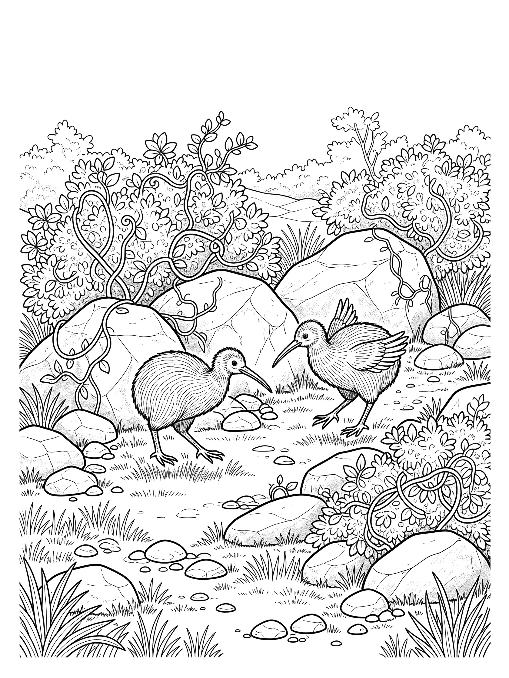 Black and white line art coloring page showing two kiwi birds with long beaks playing near rocks, bushes, vines, grass and pebbles in a clearing.