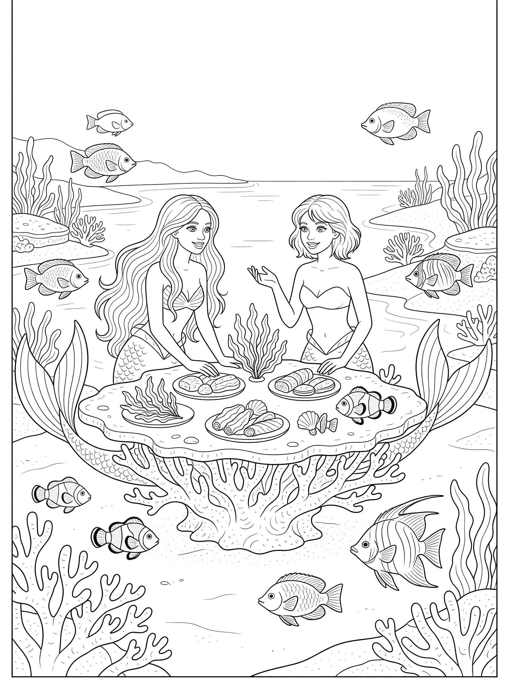 Black and white line art coloring page showing two mermaids with long hair and tails sitting at a round coral table eating from seaweed plates, surrounded by swimming fish and ocean plants. Mermaid Lagoon themed black and white printable line art