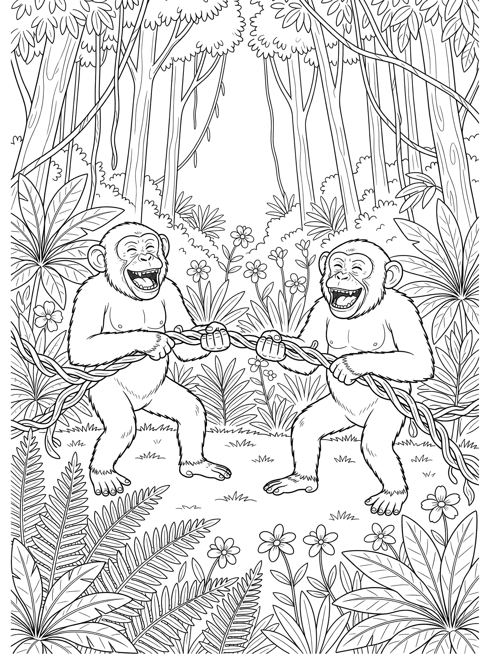 Black and white line art coloring page showing two grinning monkeys tugging on a long vine surrounded by jungle ferns, leaves, and flowers. Chimpanzee themed black and white printable line art