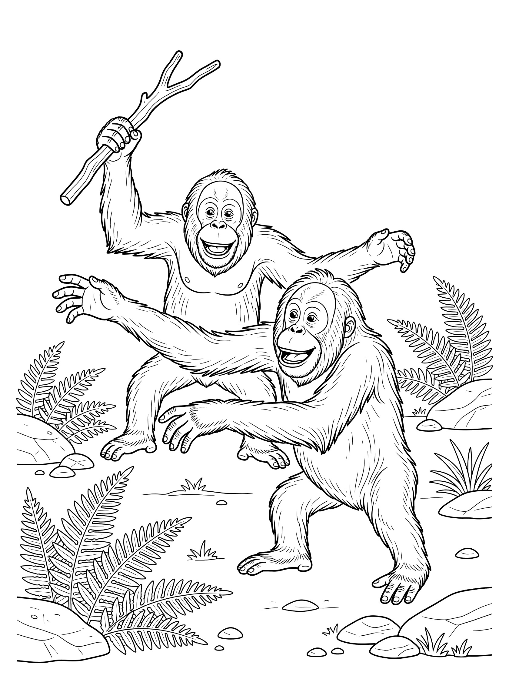 Black and white line art coloring page showing two orangutans, one holding and tossing a stick while the other reaches for it, surrounded by ferns and rocks.