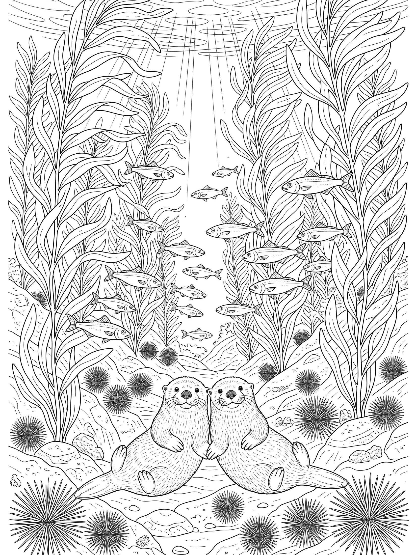 Black and white line art coloring page showing two sea otters holding paws underwater surrounded by tall kelp, schools of fish, spiky sea urchins on rocks, and sunlight filtering from above. California Coast themed black and white printable line art