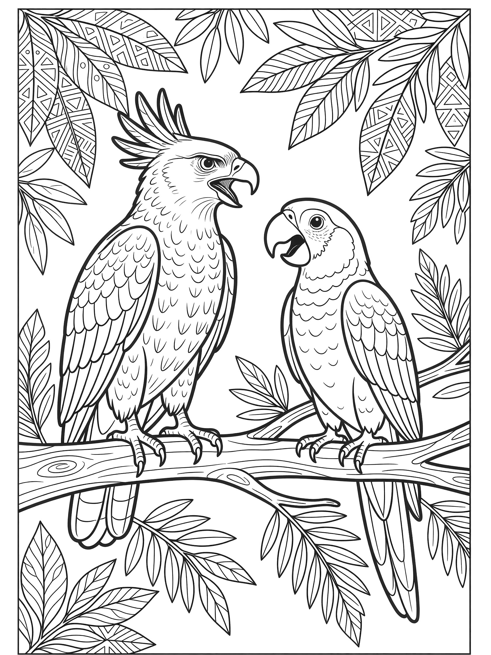 Black and white line art coloring page showing two parrots facing each other on a tree branch surrounded by detailed leaves. Harpy Eagle themed black and white printable line art
