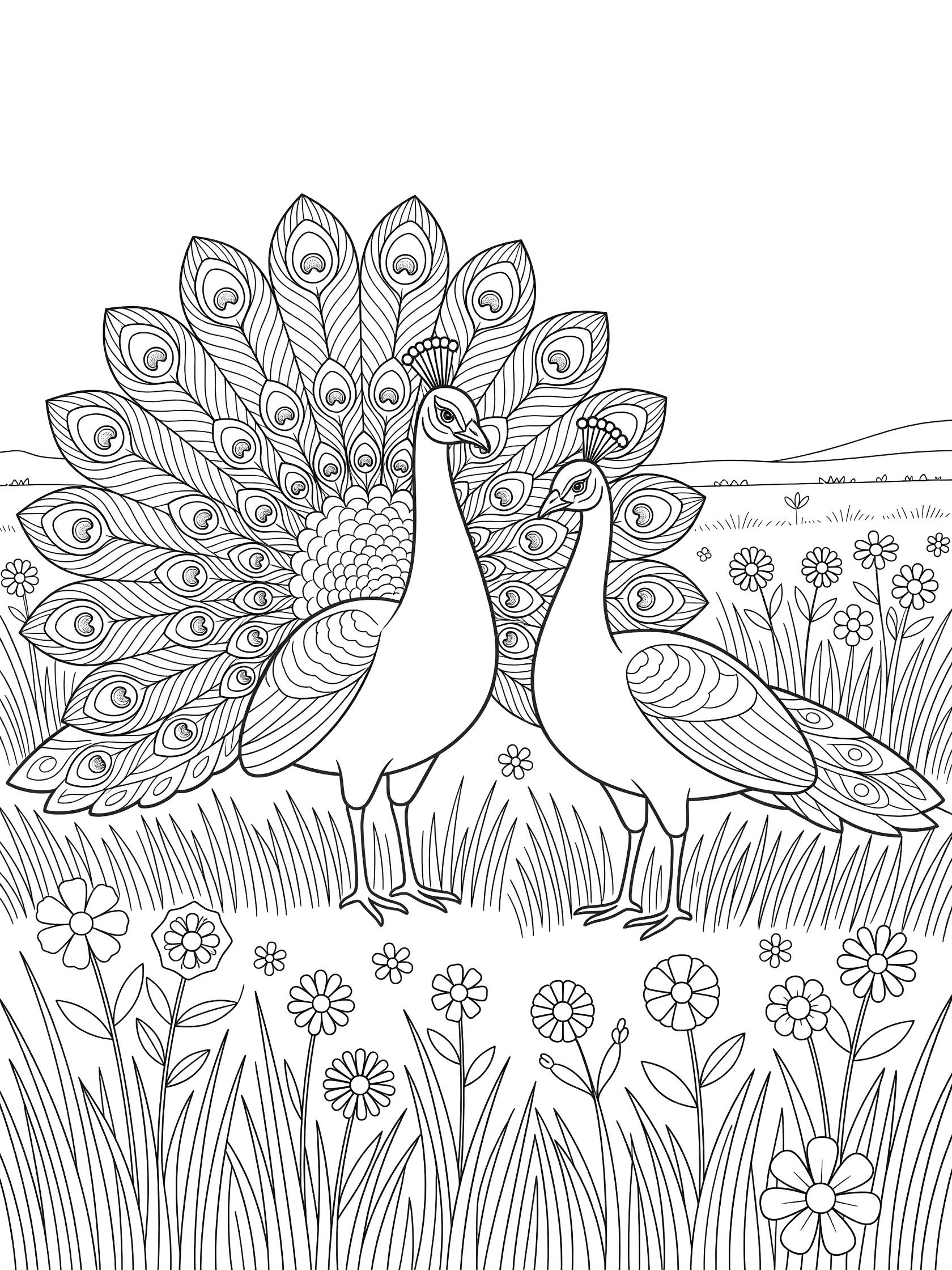 Black and white line art coloring page showing a male peacock with open tail feathers and a female peacock standing together in tall grass with flowers and hills.