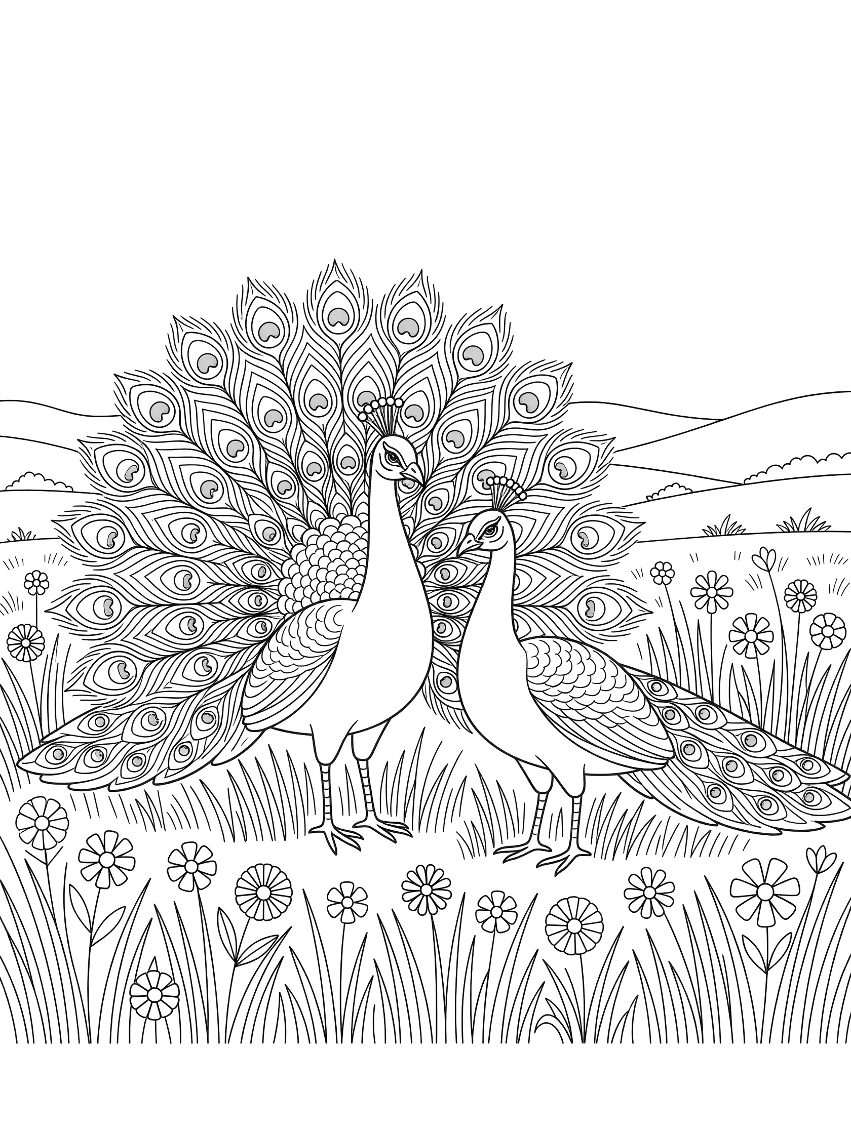 Black and white line art coloring page showing a male peacock with open tail feathers and a female peacock beside him, surrounded by geometric flowers and grass in a meadow.