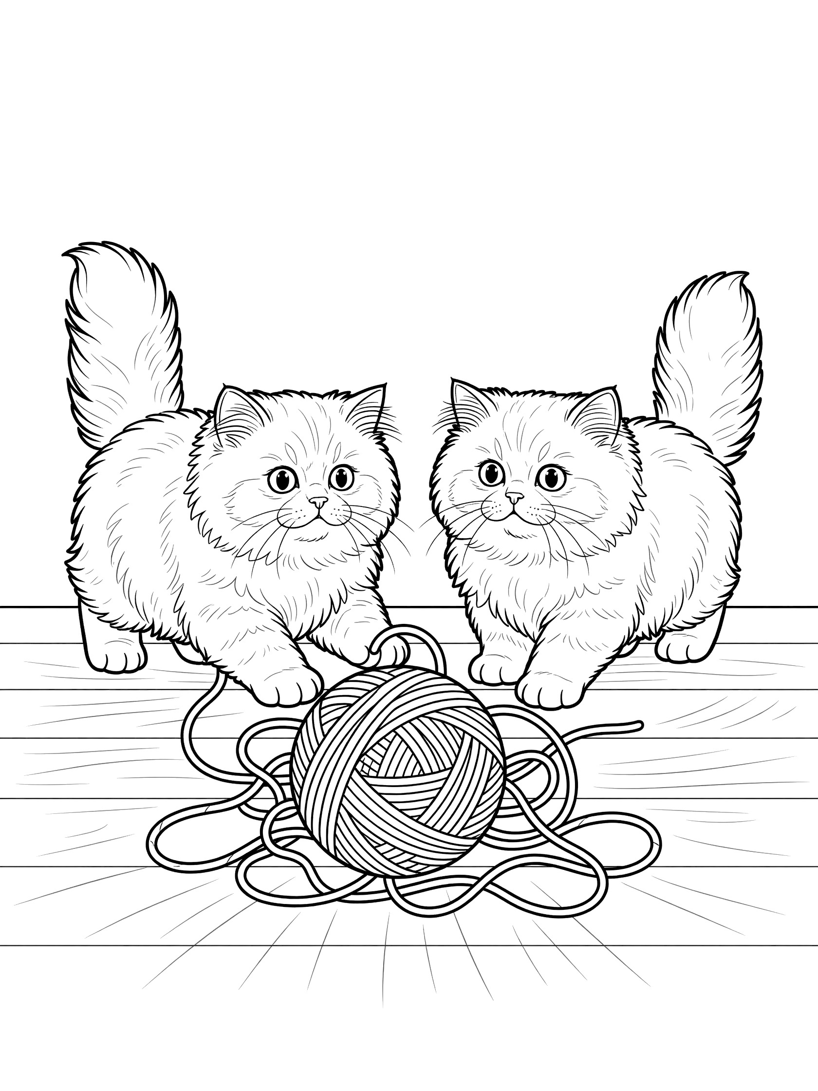 Black and white line art coloring page showing two fluffy Persian kittens chasing a yarn ball, with tails up and happy faces.
