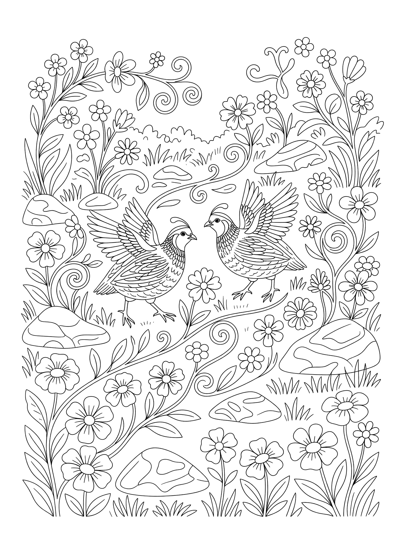 Black line art coloring page showing two quails with wings spread chasing each other in a meadow with flowers, rocks, grass, and swirling vines on white background.